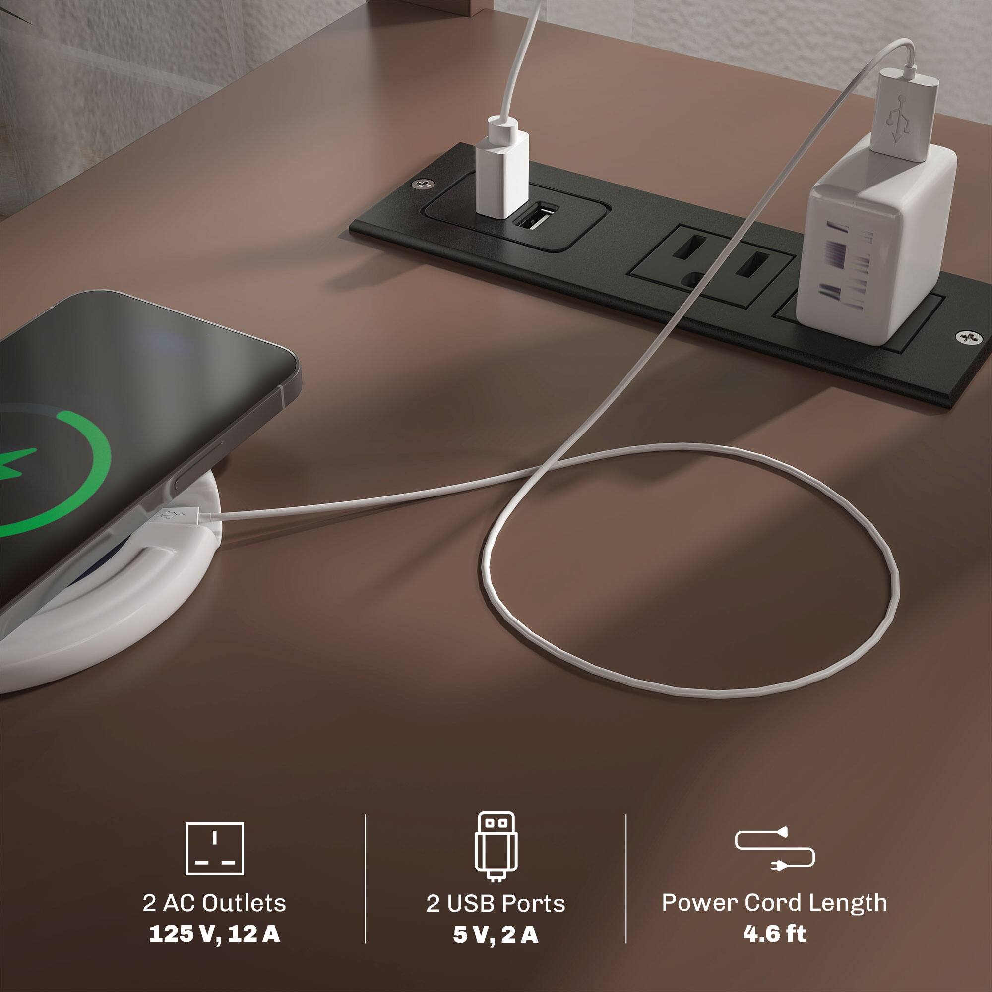 2 AC Outlets 125 V, 12 A
2 USB Ports 5V,2A
Power Cord Length 4.6 ft