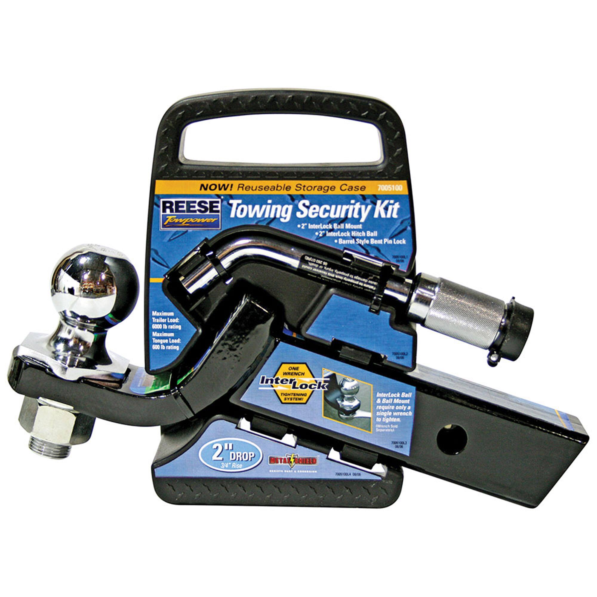 NOW! Reusable Storage Case  
REESE Towing Security Kit  
- 2" InterLock Ball Mount  
- 2" InterLock Hitch Ball Barrel Style Bent Pin Lock  
- Maximum Trailer Load: 10,000 lbs rating  
- Maximum Tongue Load: 600 lbs rating  
- InterLock Ball & Ball Mount require only a single wrench  
- Sighten  
- 2" DROP  
- 34" Rise  
- HSTAL-SHIELD  
- SHIELD  
- 34" Rise  
- InterLock Ball & Ball Mount require only a single wrench  
- Sighten  
- 2" DROP  
- 34" Rise  
- HSTAL-SHIELD  
- SHIELD  
- 34" Rise  
- InterLock Ball & Ball Mount require only a single wrench  
- Sighten  
- 2" DROP  
- 34" Rise  
- HSTAL-SHIELD  
- SHIELD  
- 34" Rise  
- InterLock Ball & Ball Mount require only a single wrench  
- Sighten  
- 2" DROP  
- 34" Rise  
- HSTAL-SHIELD  
- SHIELD  
- 