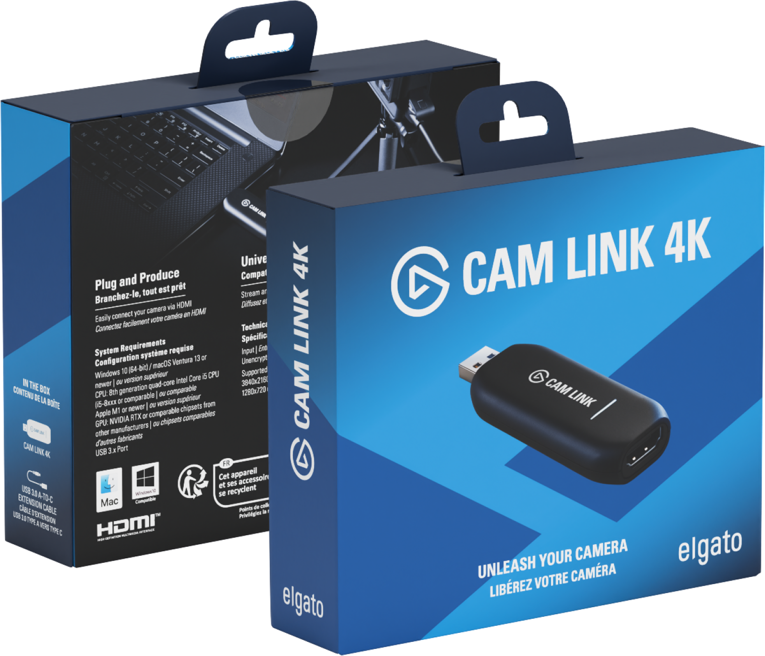The image features a box containing an Elgato Cam Link 4K device, which is designed to connect a camera to a computer. The box also includes a USB cable for connecting the device to the computer. The box is blue and white, and the device is advertised as being able to unleash your camera and produce high-quality content. The box is open, revealing the device inside.