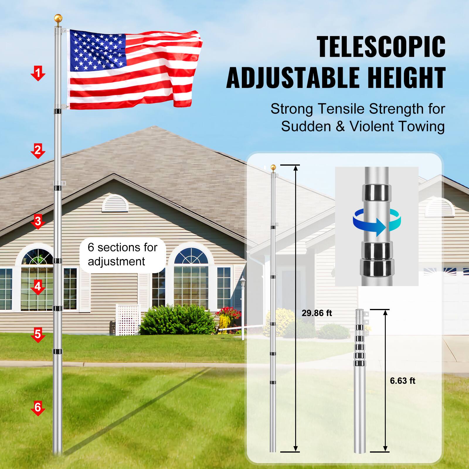 1. TELESOPIC ADJUSTABLE HEIGHT  
2. Strong Tensile Strength for Sudden & Violent Towing  
3. 6 sections for adjustment  
4. 29.86 ft  
5. 6.63 ft