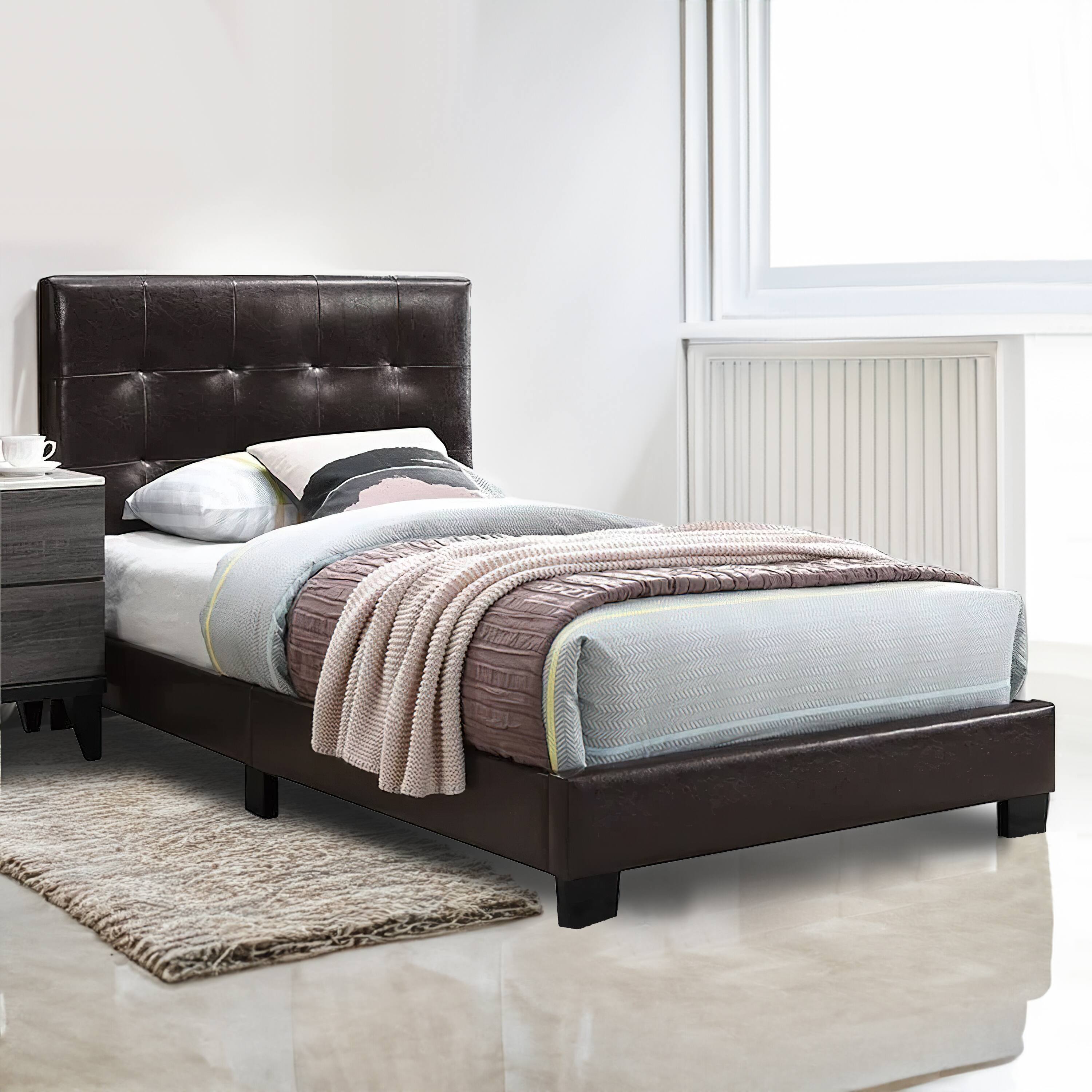 Alt View 5. Manhattan Lane - Twin Leatherette Bed with Checkered Tufted Headboard - Brown.