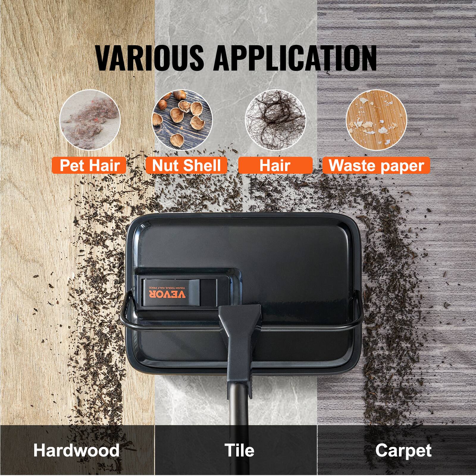 VARIOUS APPLICATION

- Pet Hair
- Nut Shell
- Hair
- Waste paper
- Hardwood
- Tile
- Carpet