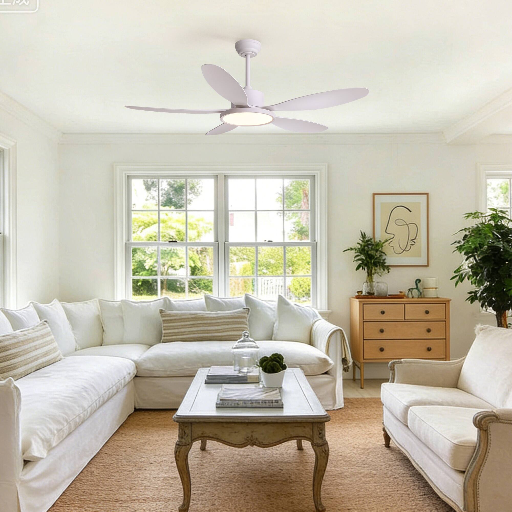 Alt View 1. Siljoy - 52 Inch Matte White 5 Blades Downrod Ceiling Fan With Round LED Light For Bedroom Living Room - White.