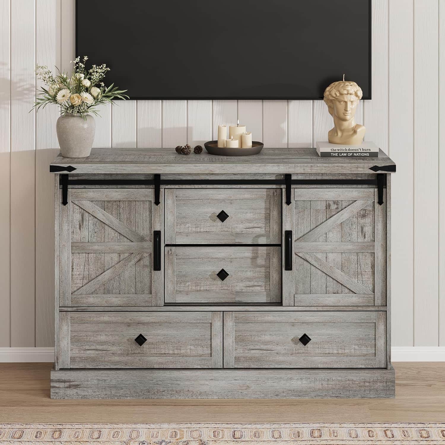 Jojoka - 45" Farmhouse TV Stand for 50 Inch TV, Sliding Barn Doors, 4 Drawers, Adjustable Shelves - Gray