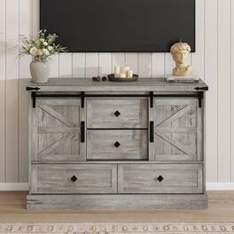 Jojoka - 45" Farmhouse TV Stand for 50 Inch TV, Sliding Barn Doors, 4 Drawers, Adjustable Shelves - Gray