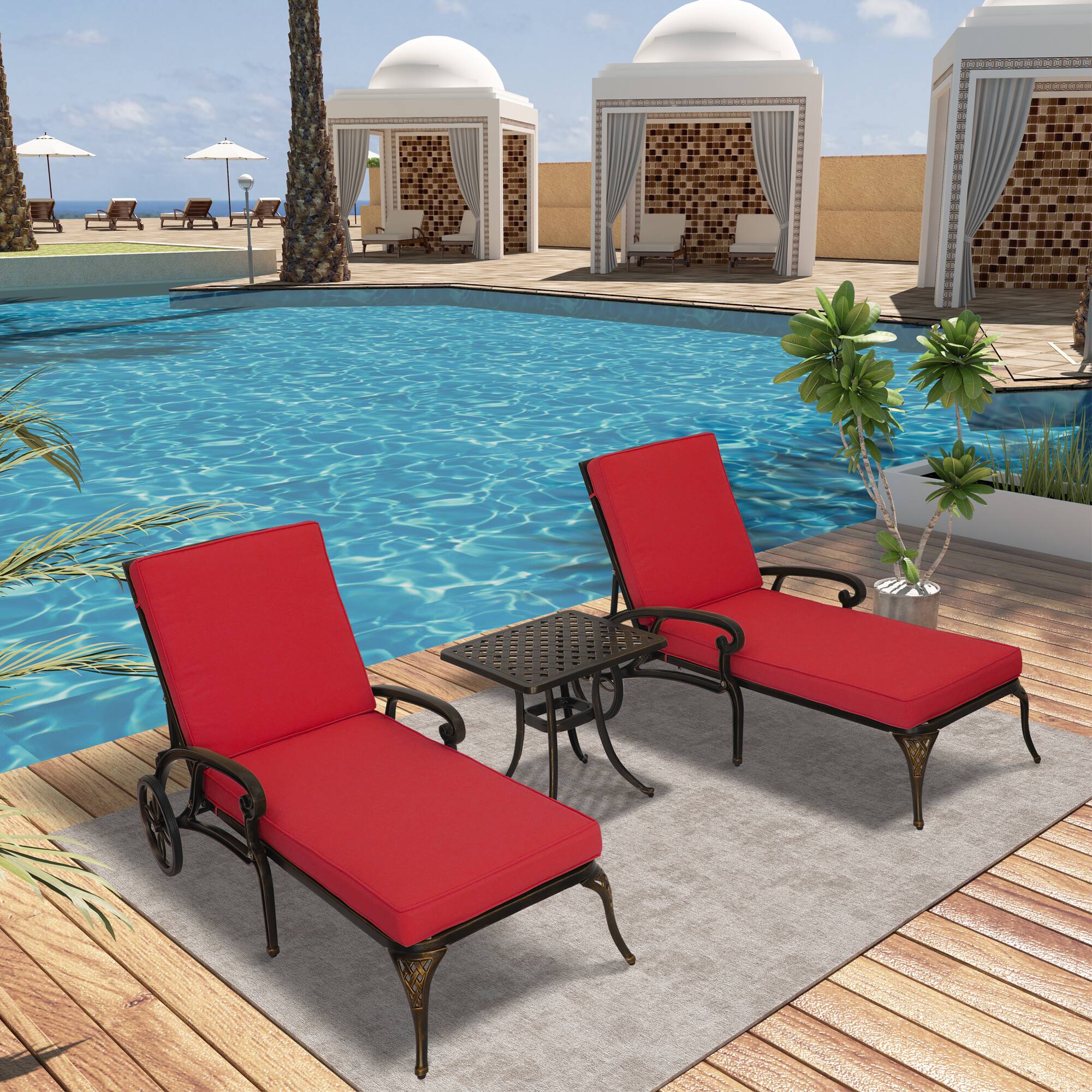 Angle. Mondawe - 3-Piece Aluminum Reclining Chaise Lounge Set with ast Aluminum Side Table and Cushion - Bronze.