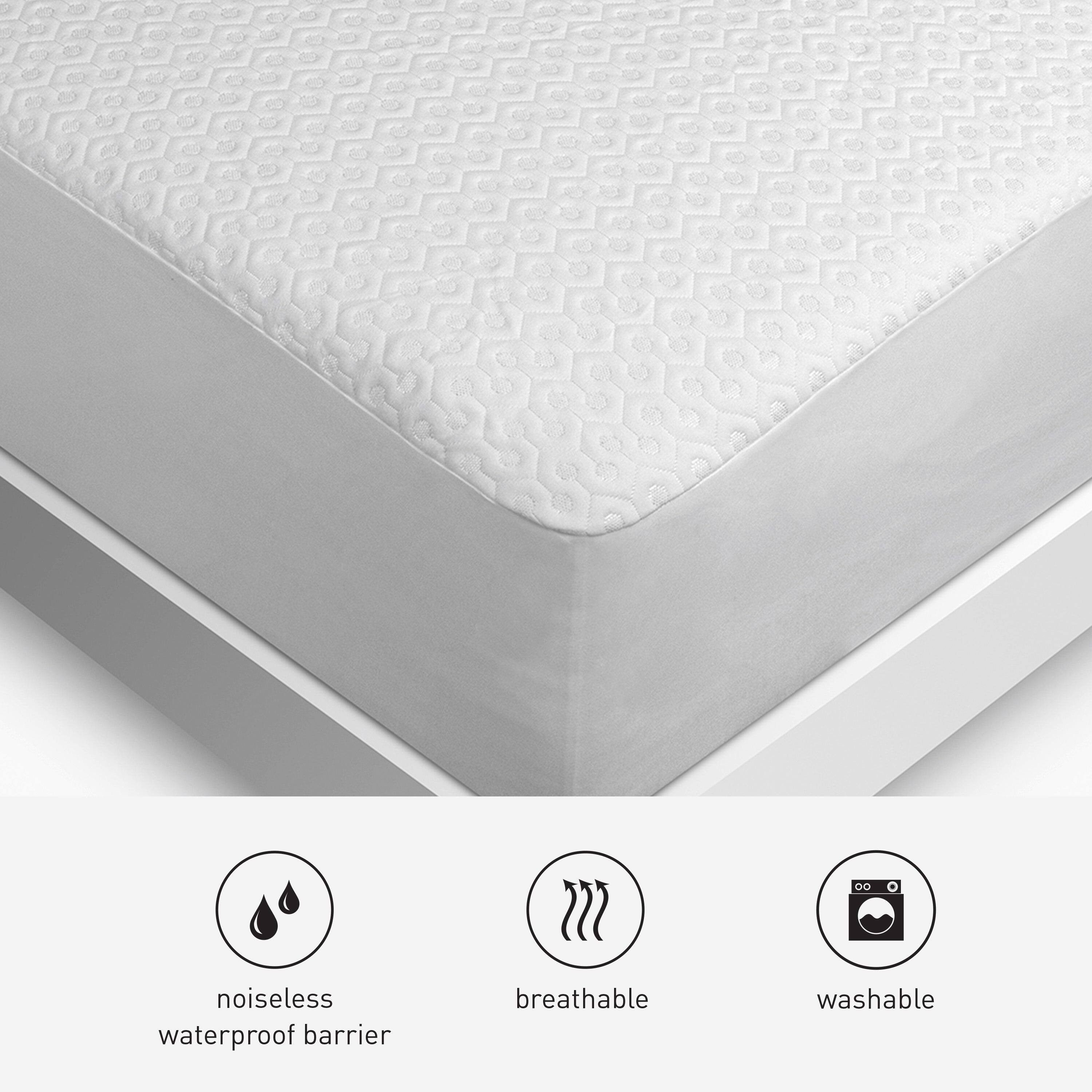 - noiseless waterproof barrier
- breathable
- washable