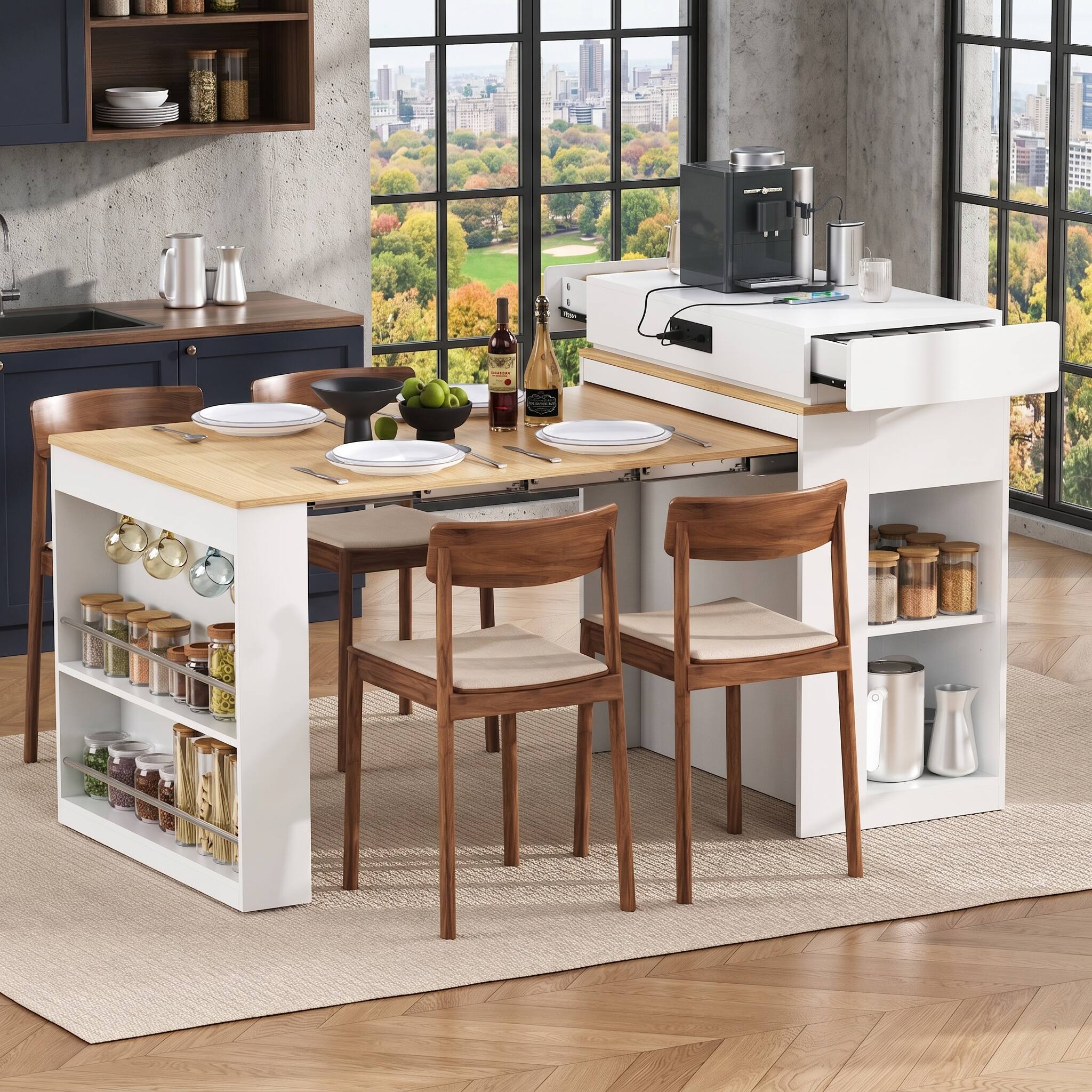 Alt View 9. Forest'nSky - White Sideboard Buffet Cabinet Extendable Dining Table with Folding Tabletop,Drawers and Power Outlet - White.