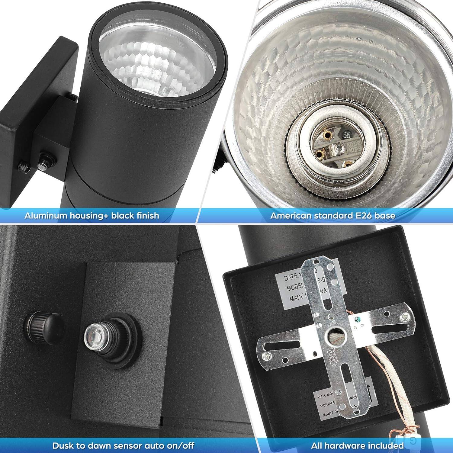 - Aluminum housing+ black finish
- American standard E26 base
- Dusk to dawn sensor auto on/off
- All hardware included

DATE: 1
MODEL: NA
MADE: J 9-0
WALL MOUNTAGE: MONTAGE DE MONTAGE