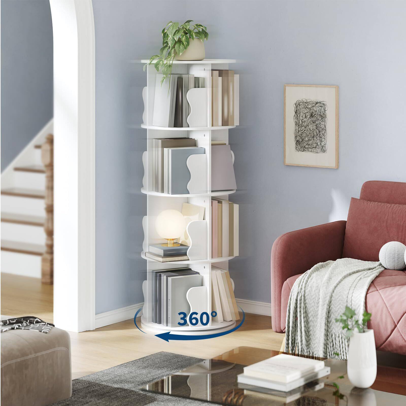 Alt View 1. Acekool - 4 Tier Rotating Bookshelf Tower, Spinning Corner Bookshelf for Small Spaces - White.