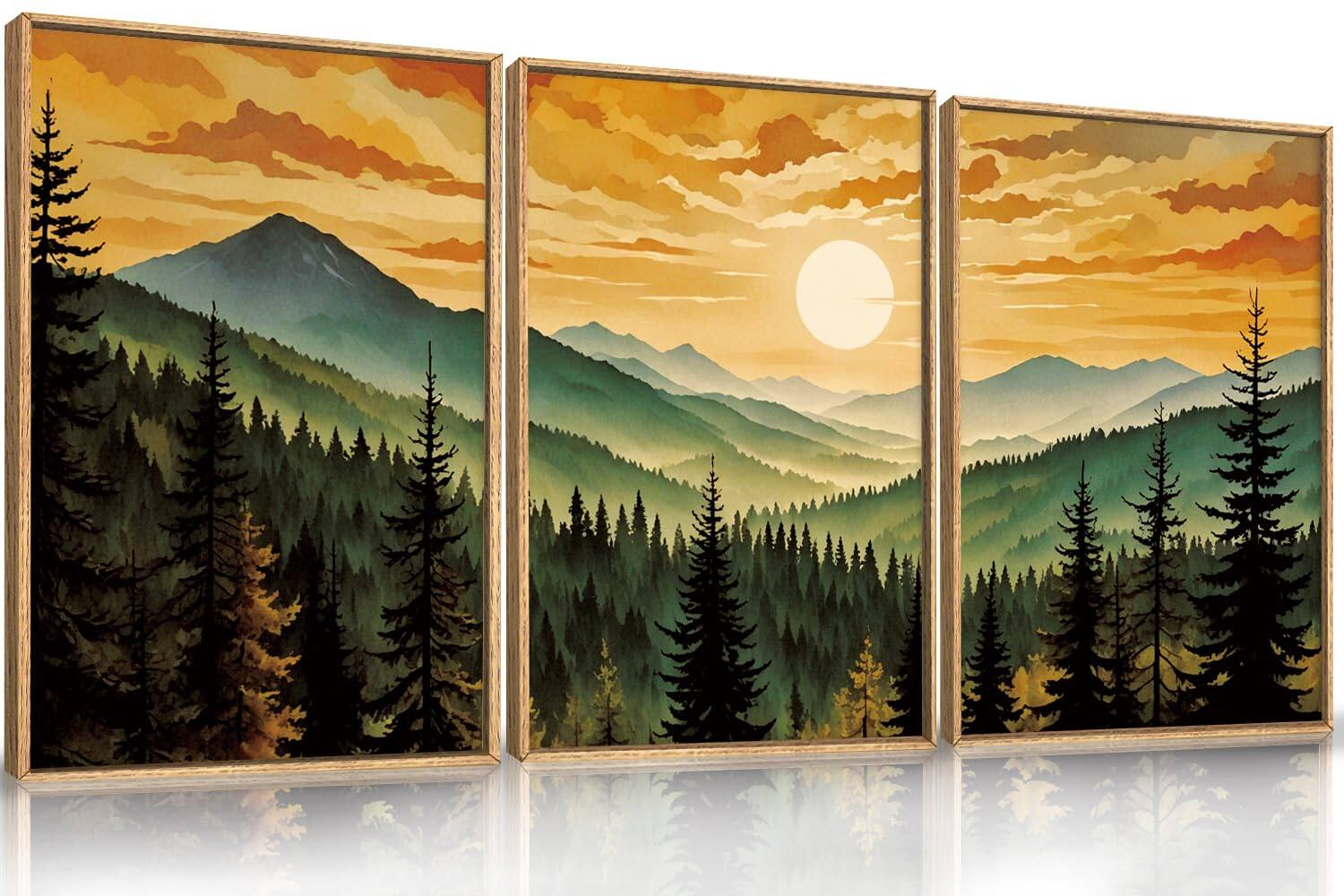 Front. Fabibe - 16''x24''x3 Minimalist Dark Floral Art Minimalist Wall Art Framed Canvas Wall Art - Sunset Forest Mountain Wall Art 36"L x 24"W.