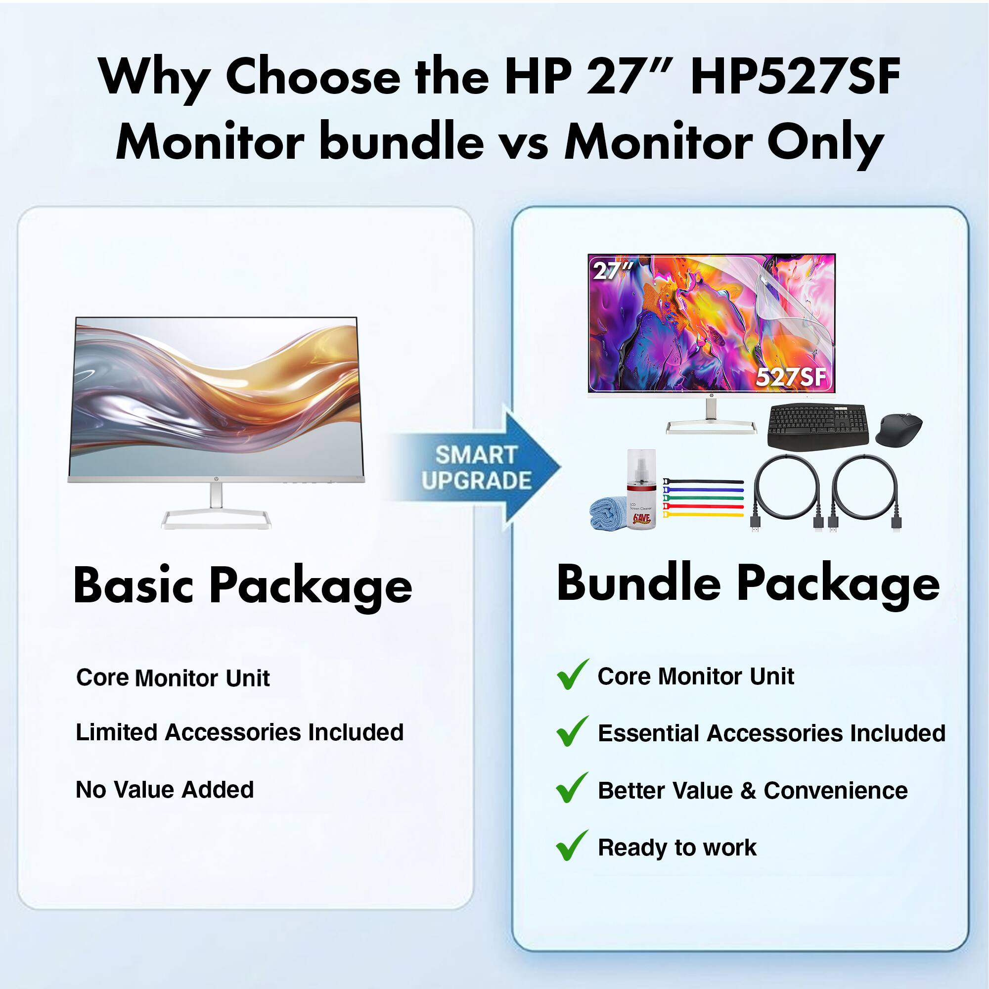 Why Choose the HP 27" HP527SF Monitor bundle vs Monitor Only

SMART UPGRADE ARE:

Basic Package
- Core Monitor Unit
- Limited Accessories Included
- No Value Added

Bundle Package
- Core Monitor Unit
- Essential Accessories Included
- Better Value & Convenience
- Ready to work