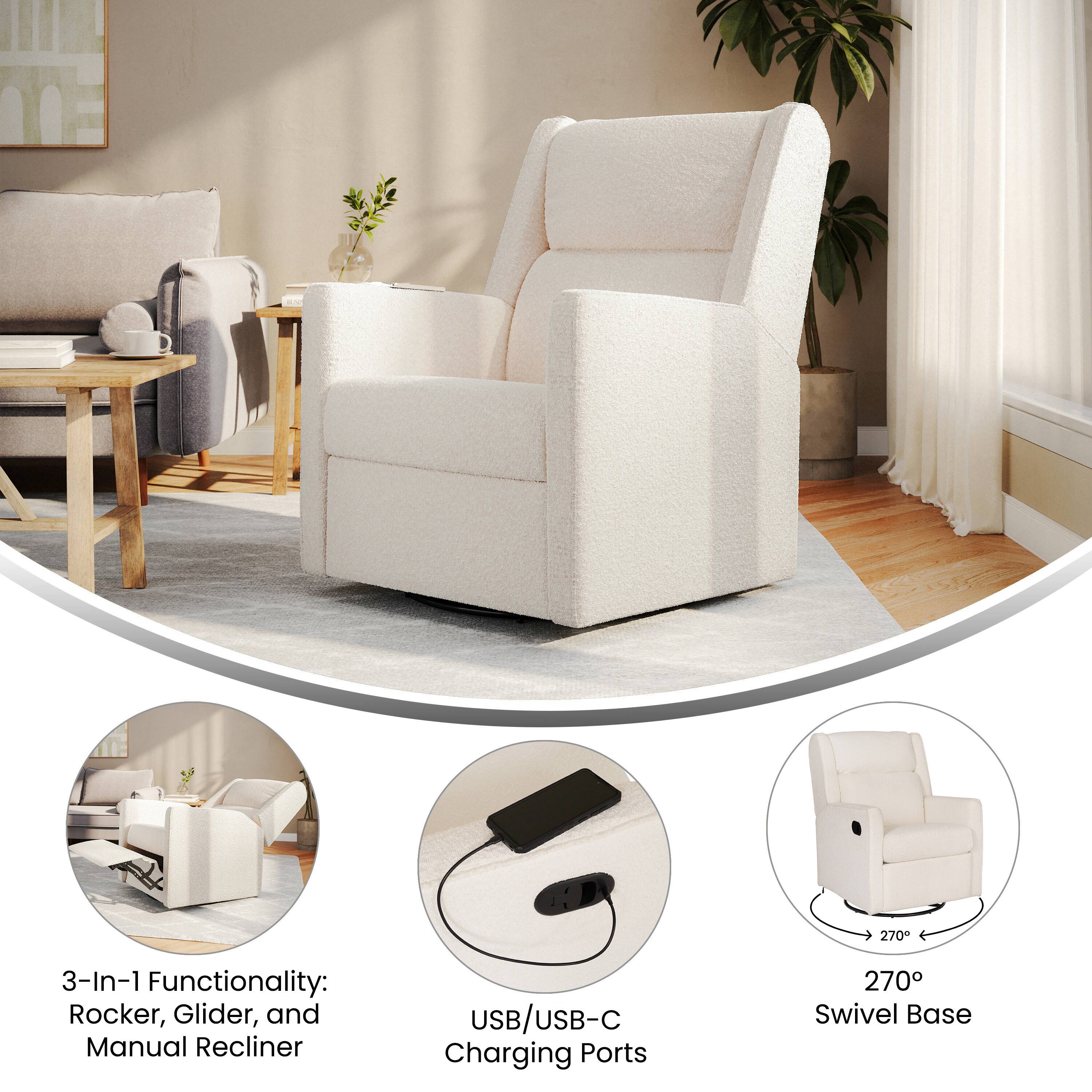 3-In-1 Functionality: Rocker, Glider, and Manual Recliner  
USB/USB-C Charging Ports  
270° Swivel Base