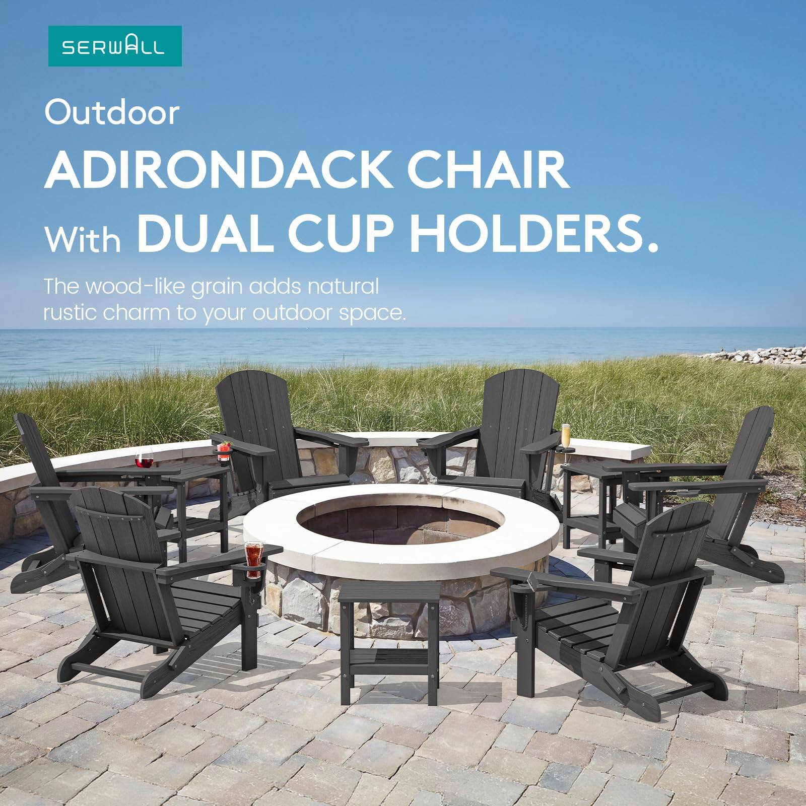 SERWALL Outdoor ADIRONDACK CHAIR With DUAL CUP HOLDERS. The wood-like grain adds natural rustic charm to your outdoor space.