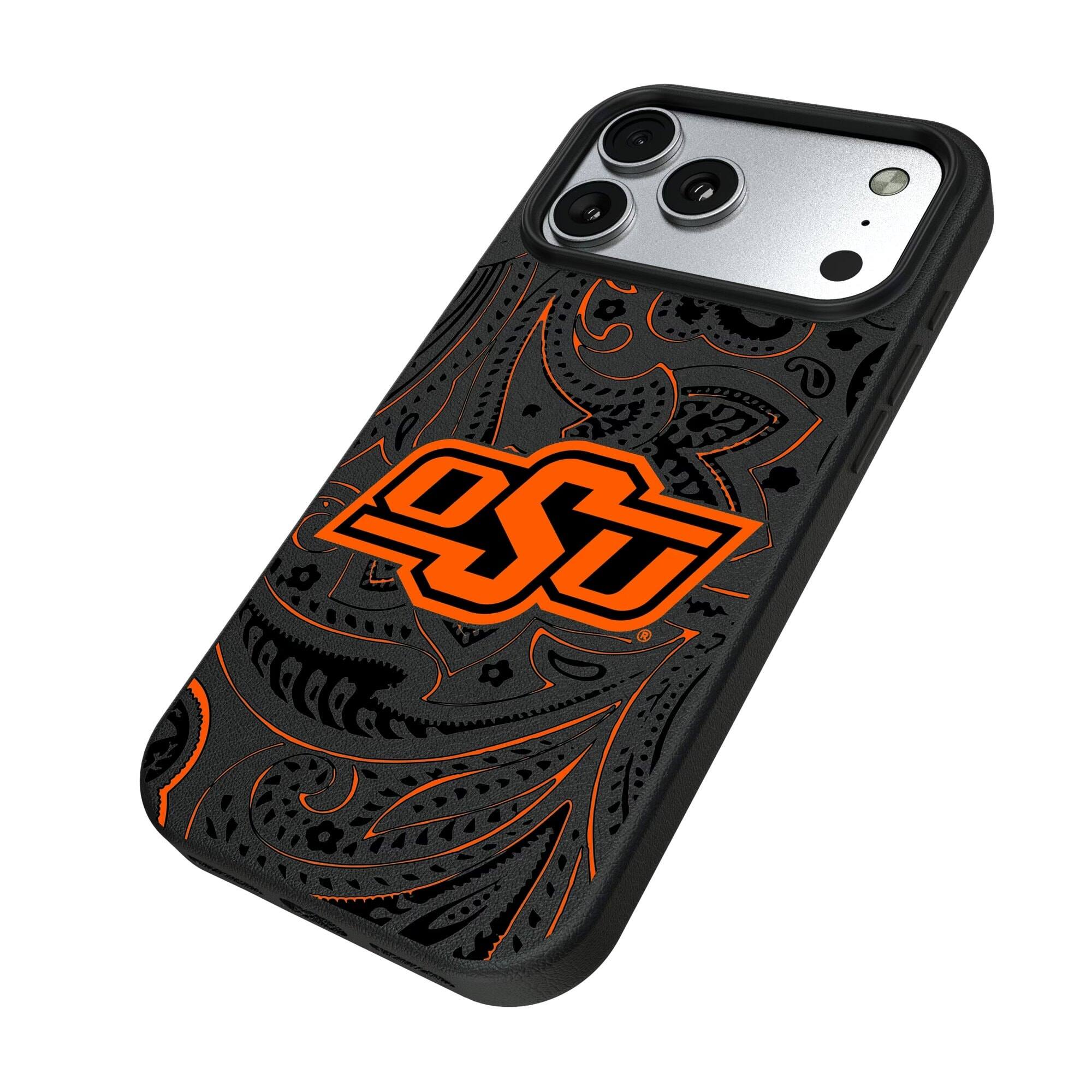 Alt View 1. Keyscaper - Oklahoma State Cowboys Paisley iPhone Magnetic Bump Case - 16 Pro Max - Black.