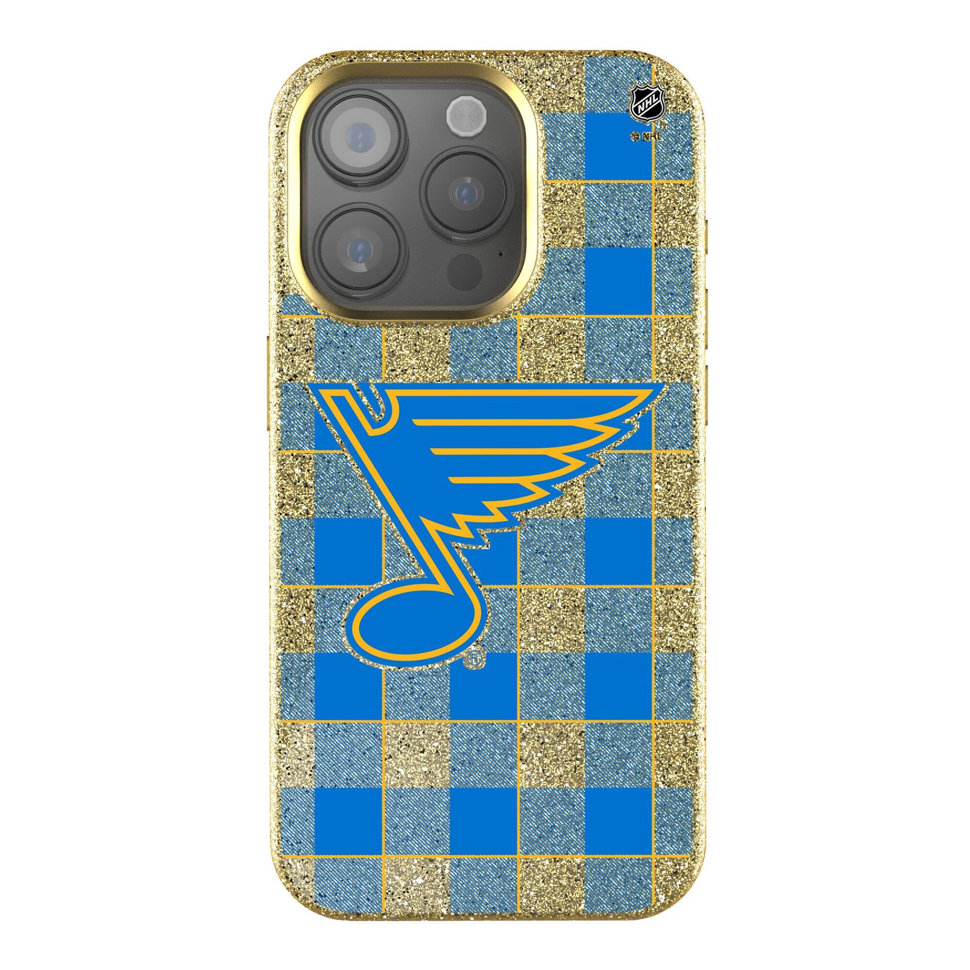 Front. Keyscaper - St. Louis Blues Plaid Bling iPhone Case - 15 - Gold.
