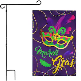 G128 - 36" x 16" Garden Flag Stand with 12" x 18" Double-Sided Blockout Mardi Gras Masquerade Flag - Assorted Colors