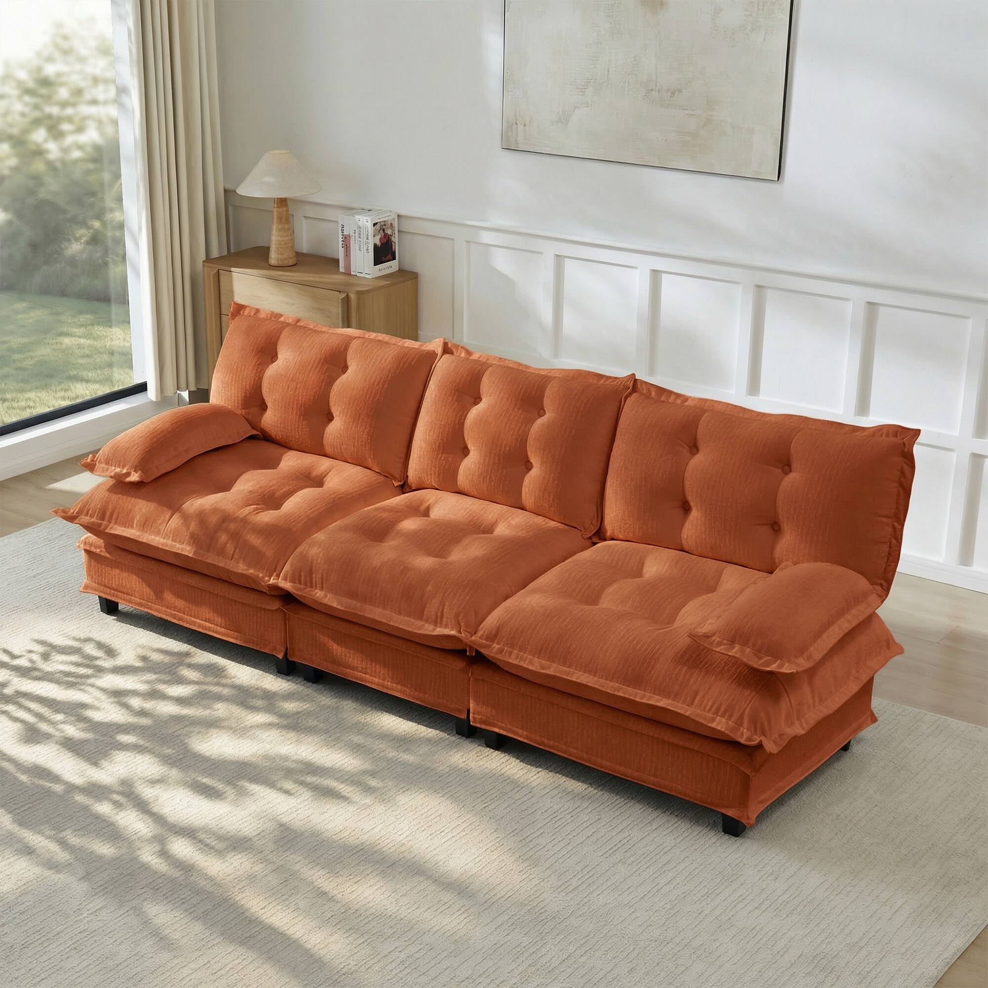 Front. Anysun - 107" 3-Seater Cloud Sectional Sofa - Modular Deep Seat, Chenille Fabric, Lattice-Decor Cushions for Living Room - Orange.