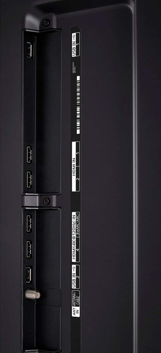The text on the image reads: "USB 1 IN HDMI 1 IN 2 IN 3 (eARC/ARC) HDMI (4K@120Hz 4 IN 2 USB ANTENNA CABLE ANT IN." This text describes the various ports and features available on the back of the TV. The ports include a USB port, two HDMI ports, and an antenna port. The TV also supports eARC and ARC, which are advanced audio return channels for enhanced audio quality.