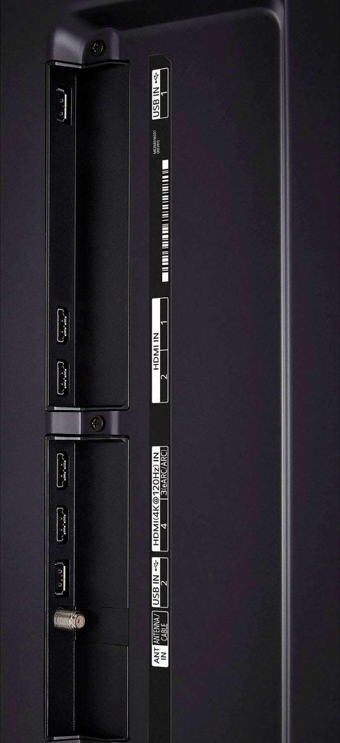 The text on the image reads: "USB 1 IN HDMI 1 IN 2 IN 3 (eARC/ARC) HDMI (4K@120Hz 4 IN 2 USB ANTENNA CABLE ANT IN." This text describes the various ports and features available on the back of the TV. The ports include a USB port, two HDMI ports, and an antenna port. The TV also supports eARC and ARC, which are advanced audio return channels for enhanced audio quality.