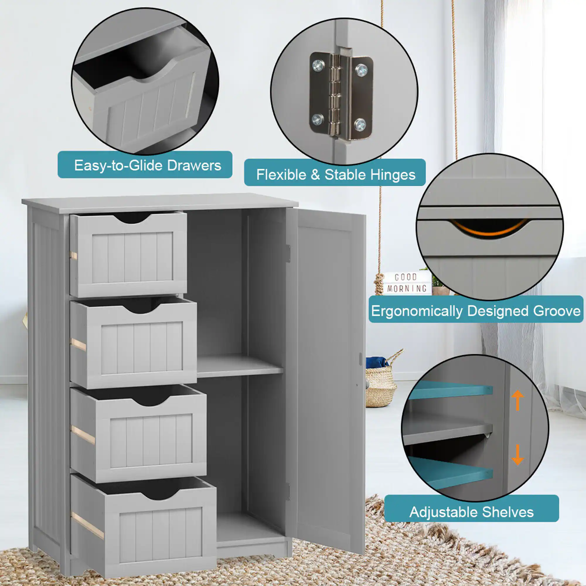 Easy-to-Glide Drawers  
Flexible & Stable Hinges  
Ergonomically Designed Groove  
Adjustable Shelves