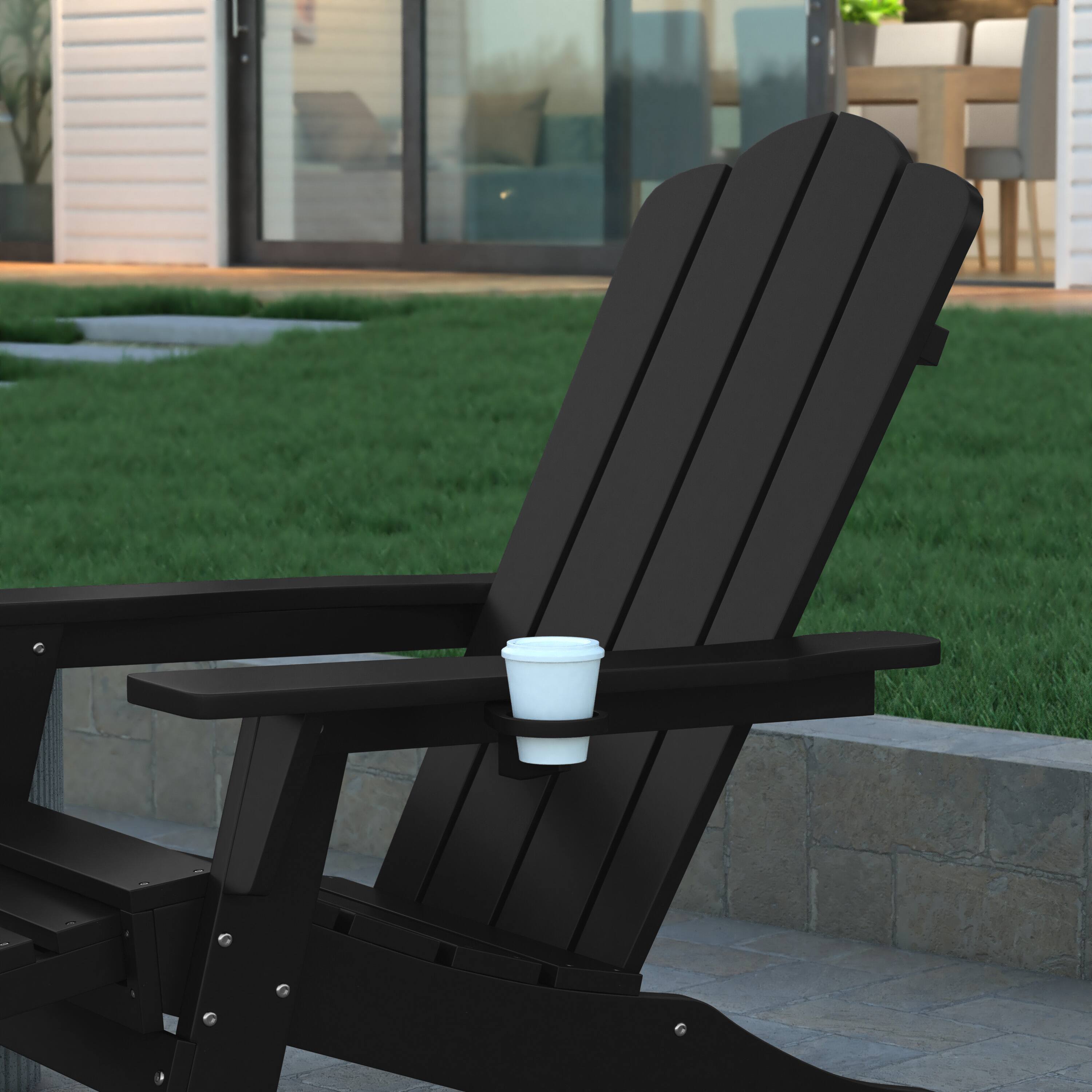 Alt View 4. Emma + Oliver - Haley Adirondack Chair with Cup Holder and Pull Out Ottoman, All-Weather HDPE Indoor/Outdoor Lounge Chair - Black.