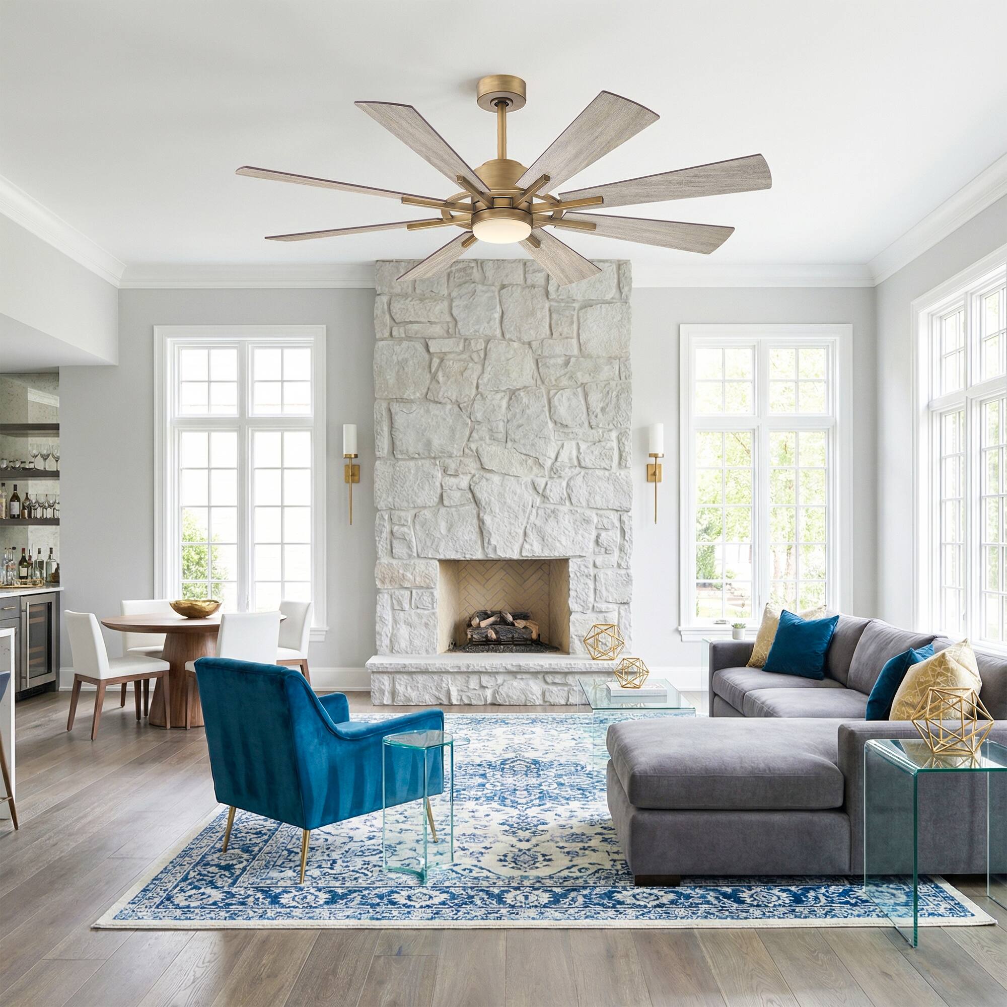 Left. Parrot Uncle - 60" Windmill 8-Blade Integrated LED Ceiling Fan with Light and Remote Control, DC Reversible Motor - Gold.