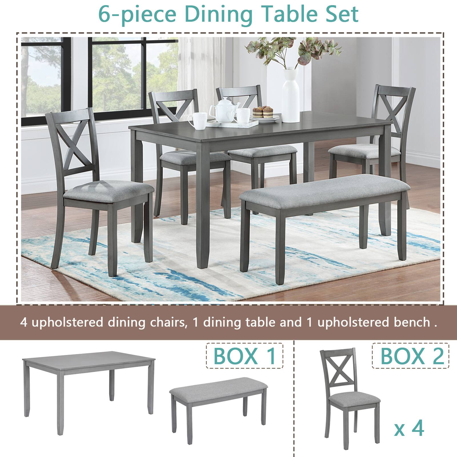 Loheer 6 Piece Dining Table Set for 6, Rectangular Wood Table with ...