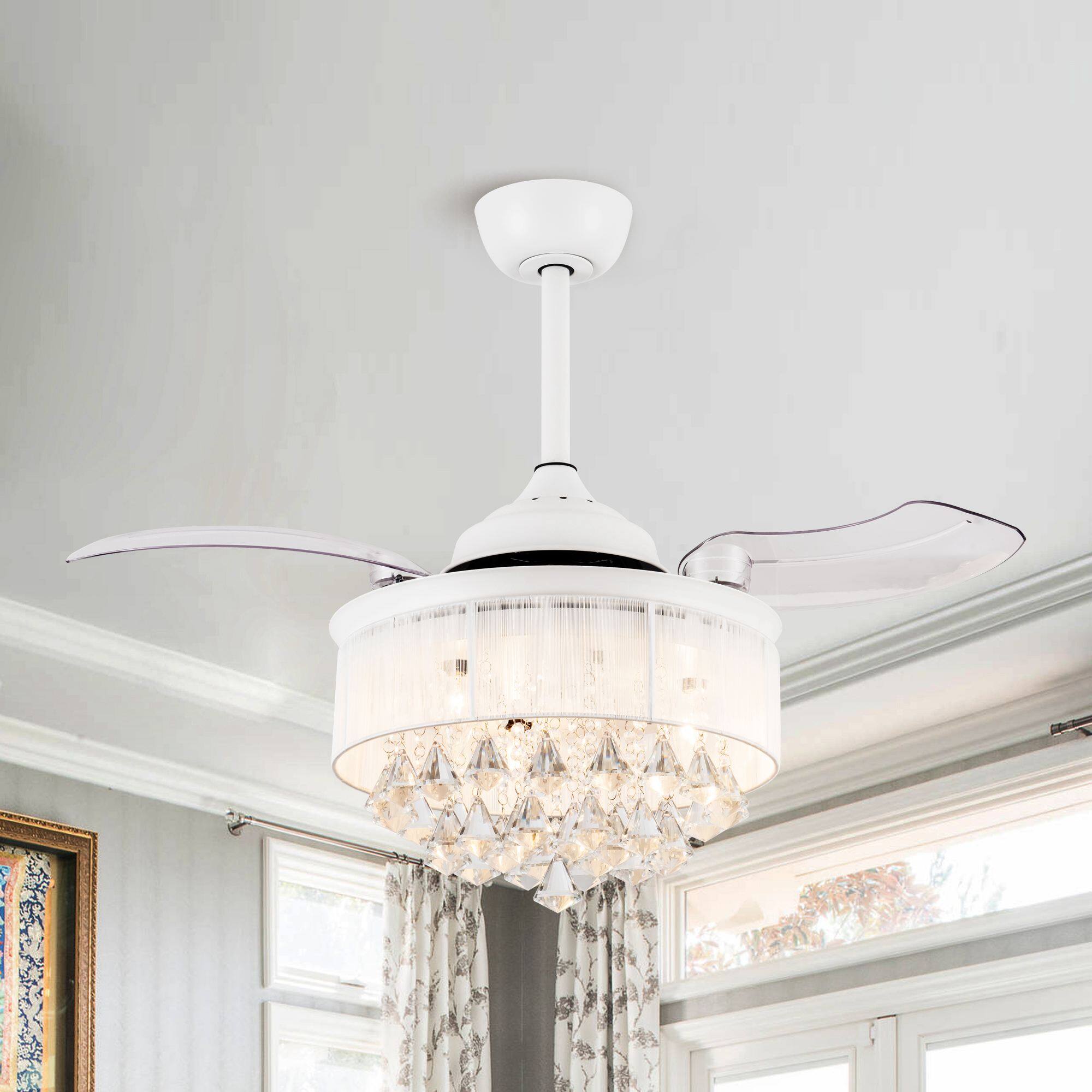 Angle. Parrot Uncle - 36" White Retractable 3-blade Crystal Ceiling Fan Chandelier with Remote - Matte White.