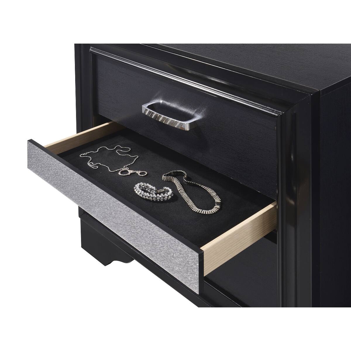 Alt View 6. Loheer - Loheer Black Two Drawer Nightstand with Hidden Jewelry Tray and Crystal Handles - Black.