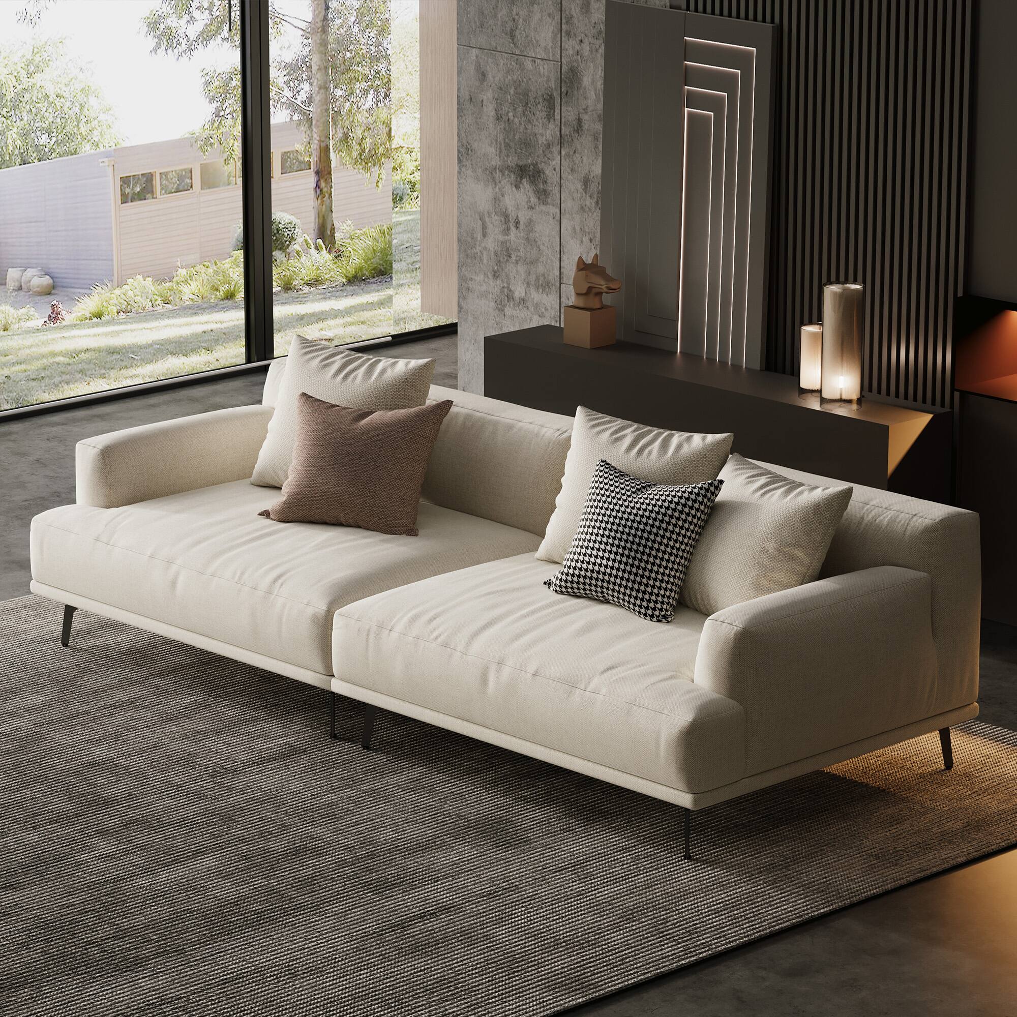 Angle. luck idea - 110.2" Breathable Cotton-Linen Fabric Sofa, Solid Wood Frame, High-Elastic Sponge Seat Cushion - Light Beige.