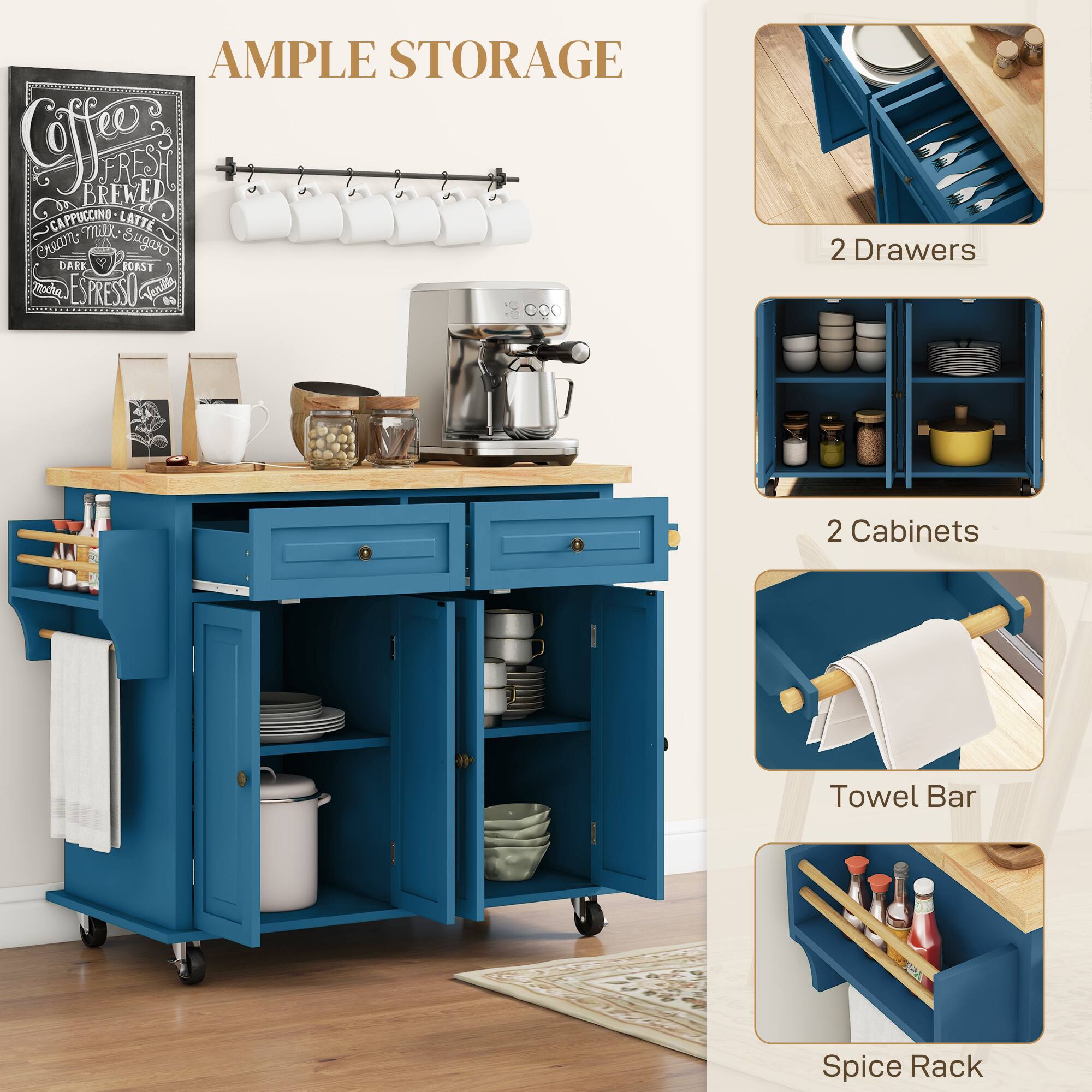 AMPLE STORAGE

- 2 Drawers
- 2 Cabinets
- Towel Bar
- Spice Rack

Coffee
FRESH BREWED
CAPPUCCINO - LATTE
CAFFÉ - ESPRESSO
DARK ROAST