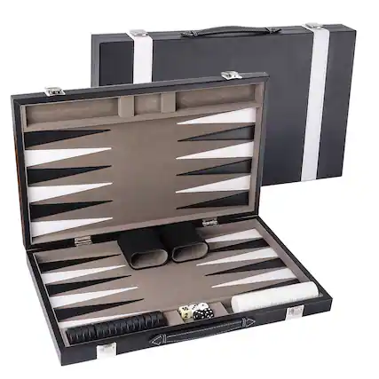Front. GSE Games & Sports Expert - Premium Leather Backgammon Board Game Set, Backgammon Game Set with Leather Case -Black&Grey, Medium.