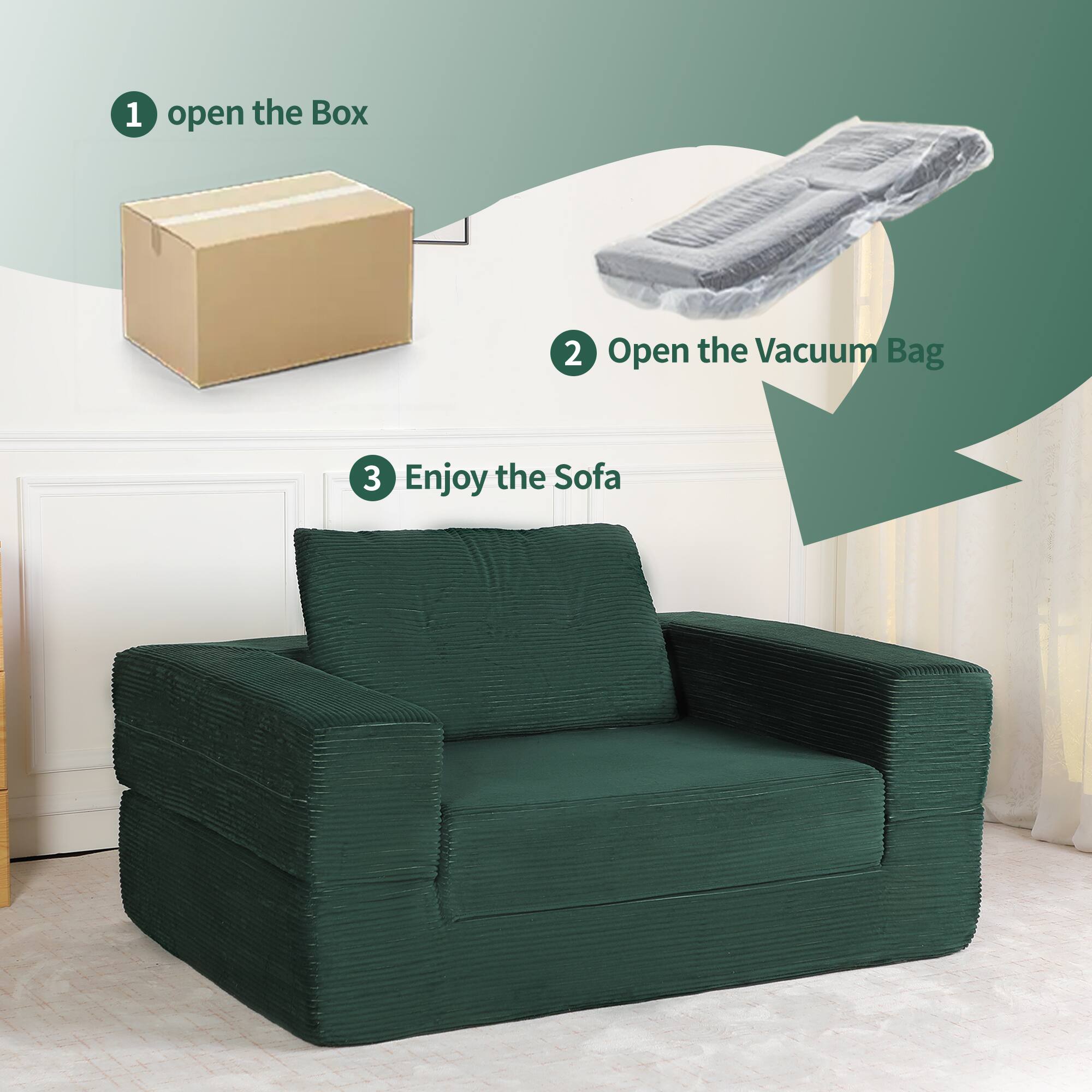 1. Open the Box  
2. Open the Vacuum Bag  
3. Enjoy the Sofa