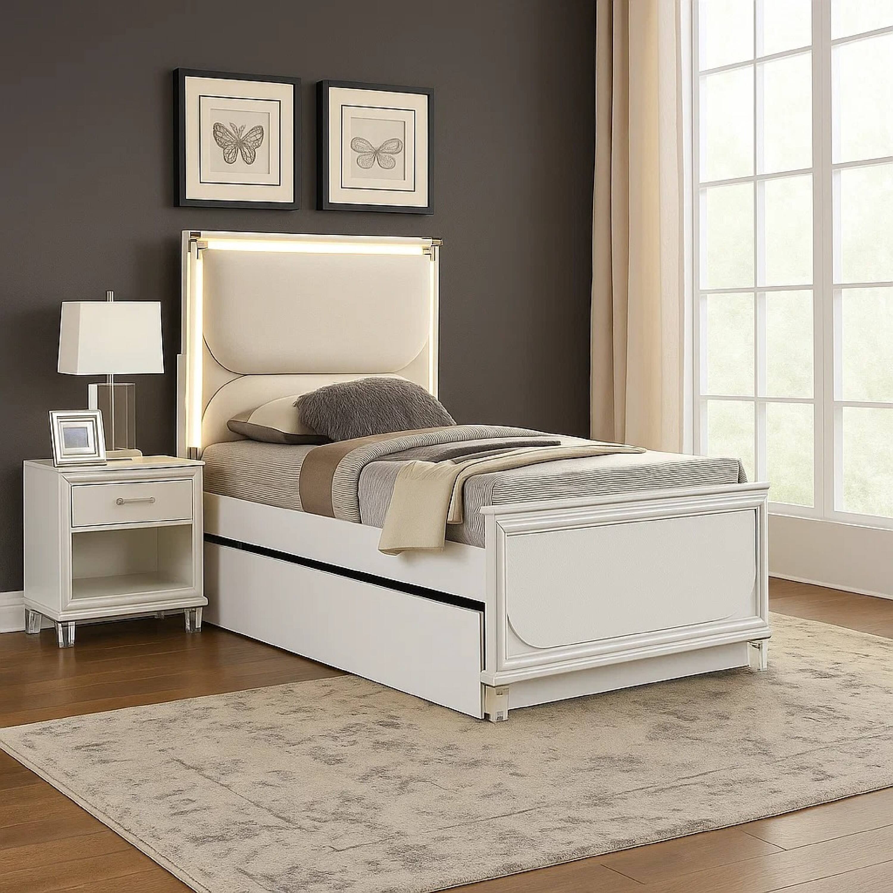 Alt View 5. Manhattan Lane - Dima Twin Size Bed with Pull Out Trundle and LED Headboard, Pearl White - Pearl White.