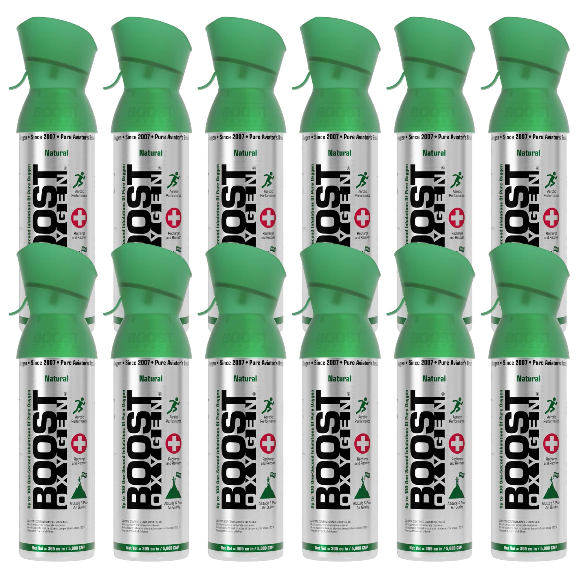Boost Oxygen - 5 Liter Canned Oxygen Bottle with Mouthpiece, Natural (12 Pack) - Green/Silver