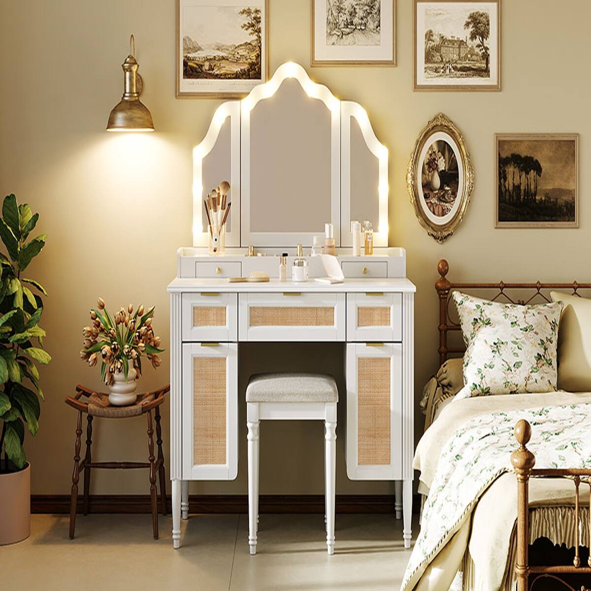 Alt View 9. Loheer - Loheer White Makeup Vanity with Tri Fold Mirror and Matching Stool - White.