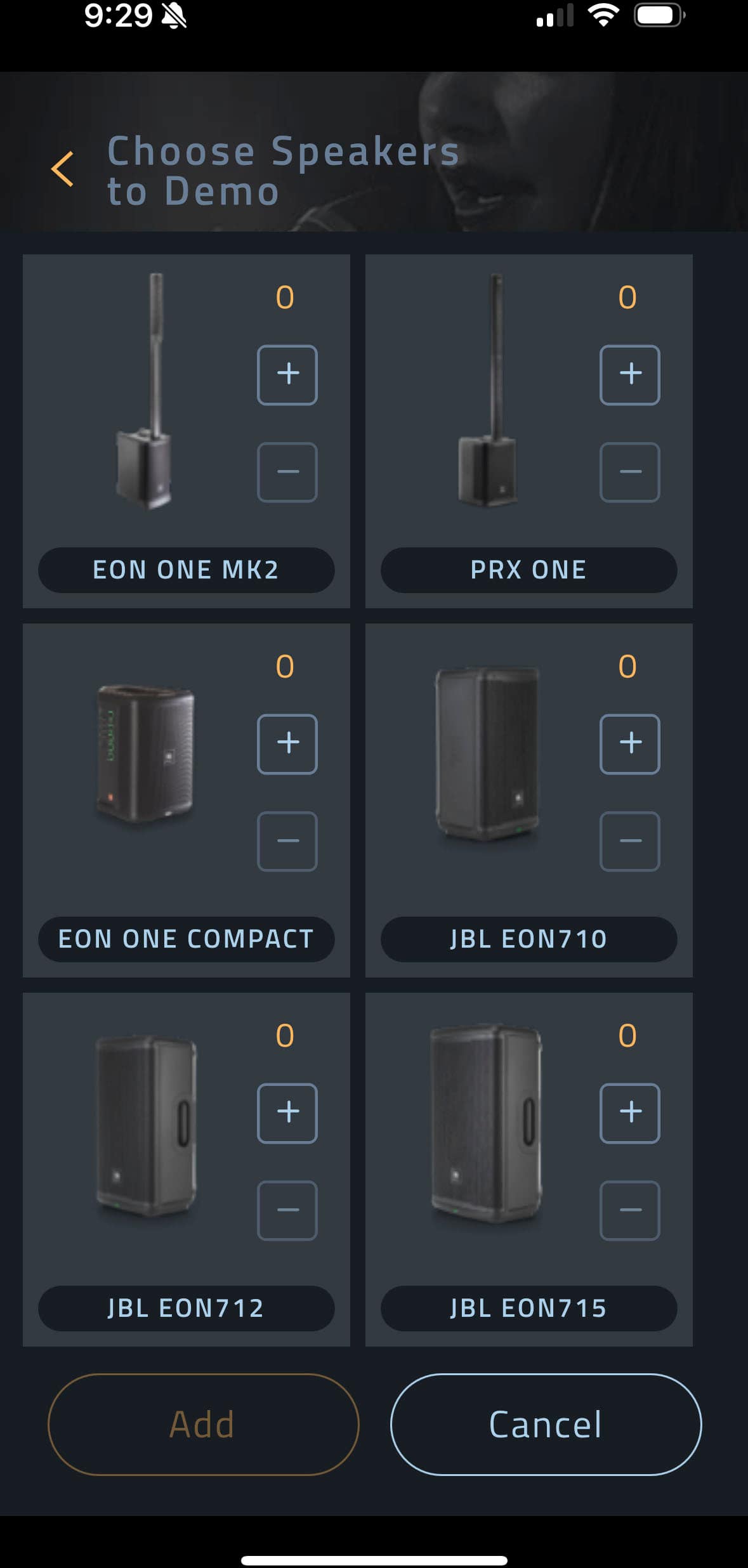 Choose Speakers to Demo:
* EON ONE MK2
* PRX ONE
* EON ONE COMPACT
* JBL EON710
* JBL EON712
* JBL EON715