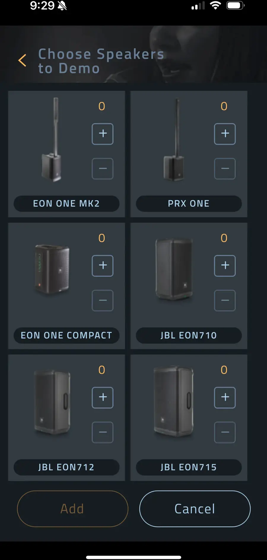 Choose Speakers to Demo:

* EON ONE MK2
* PRX ONE
* EON ONE COMPACT
* JBL EON710
* JBL EON712
* JBL EON715