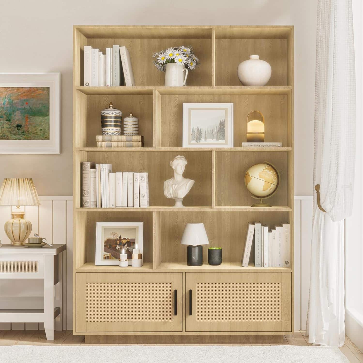 Homhougo - 65.4" in Tall Boho Bookshelf with 5 Tier Bookshelf and Rattan Doors, Wooden Bookcase with Storage, Large Bookshelf for - Natural