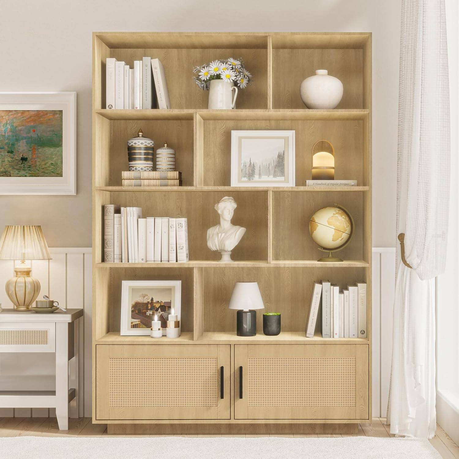 Front. Homhougo - 65.4" in Tall Boho Bookshelf with 5 Tier Bookshelf and Rattan Doors, Wooden Bookcase with Storage, Large Bookshelf for - Natural.