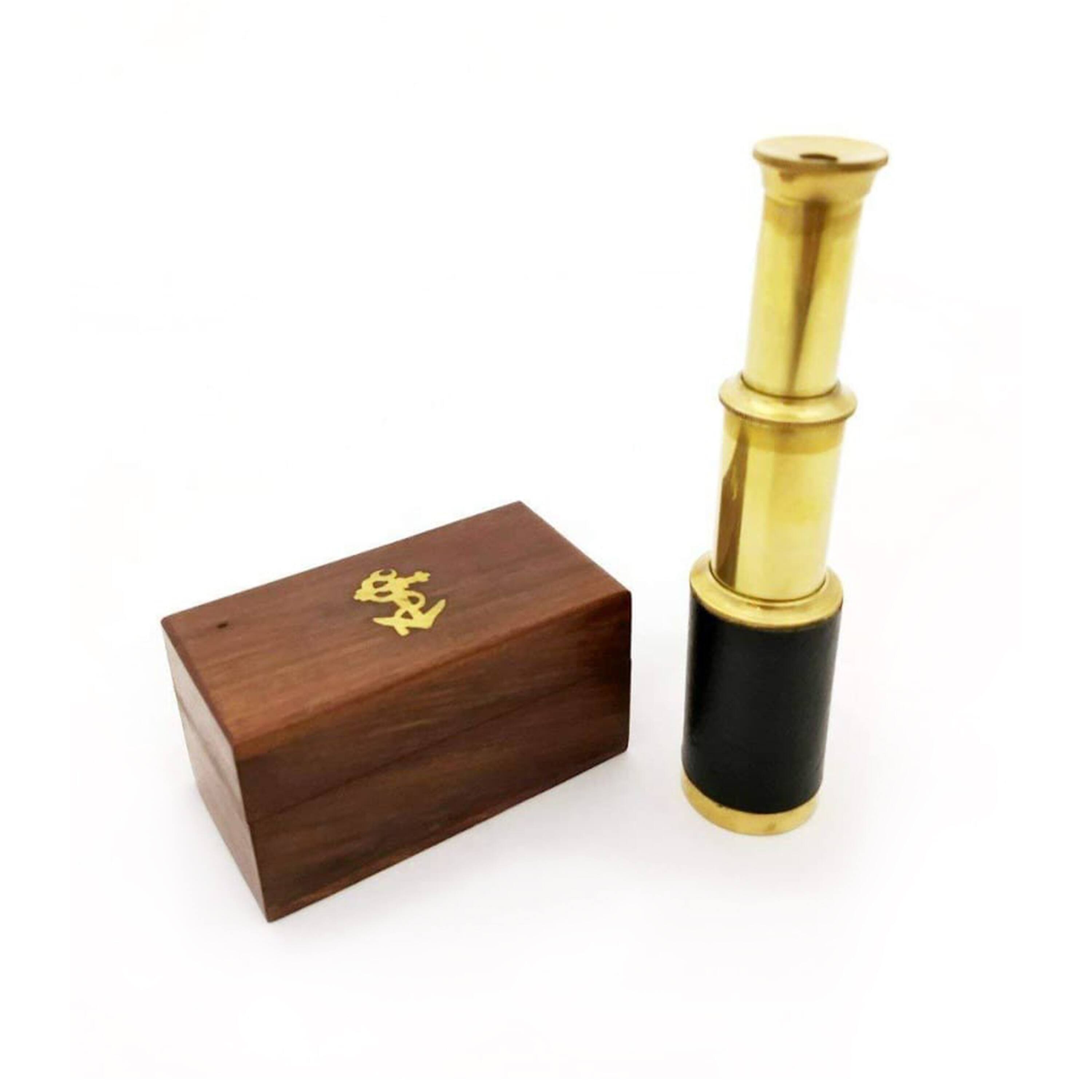 Alt View 4. Manhattan Lane - Small Brass Telescope with Pullout Wooden Box - Gold and Brown.