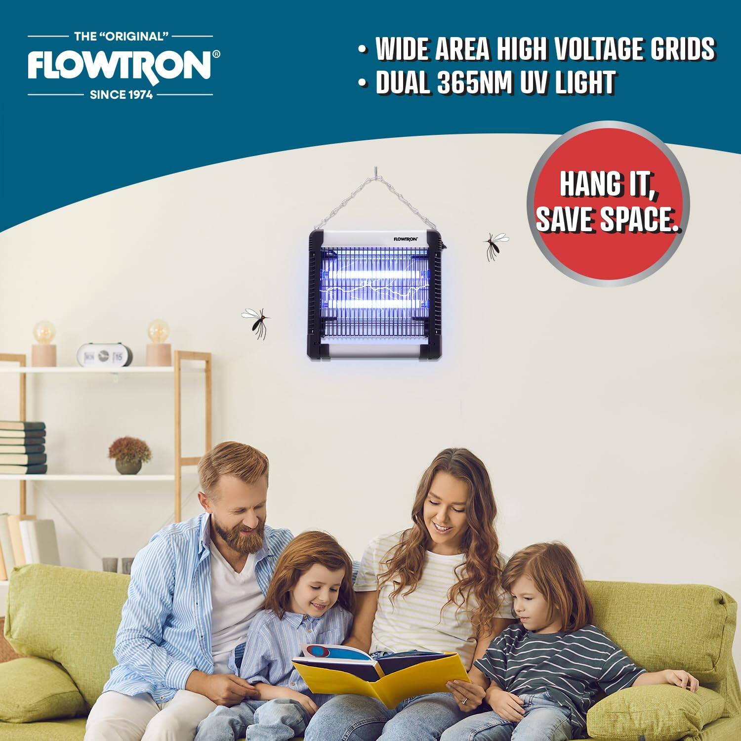 THE "ORIGINAL" FLOWTRON SINCE 1974

- WIDE AREA HIGH VOLTAGE GRIDS
- DUAL 365NM UV LIGHT

HANG IT, SAVE SPACE.