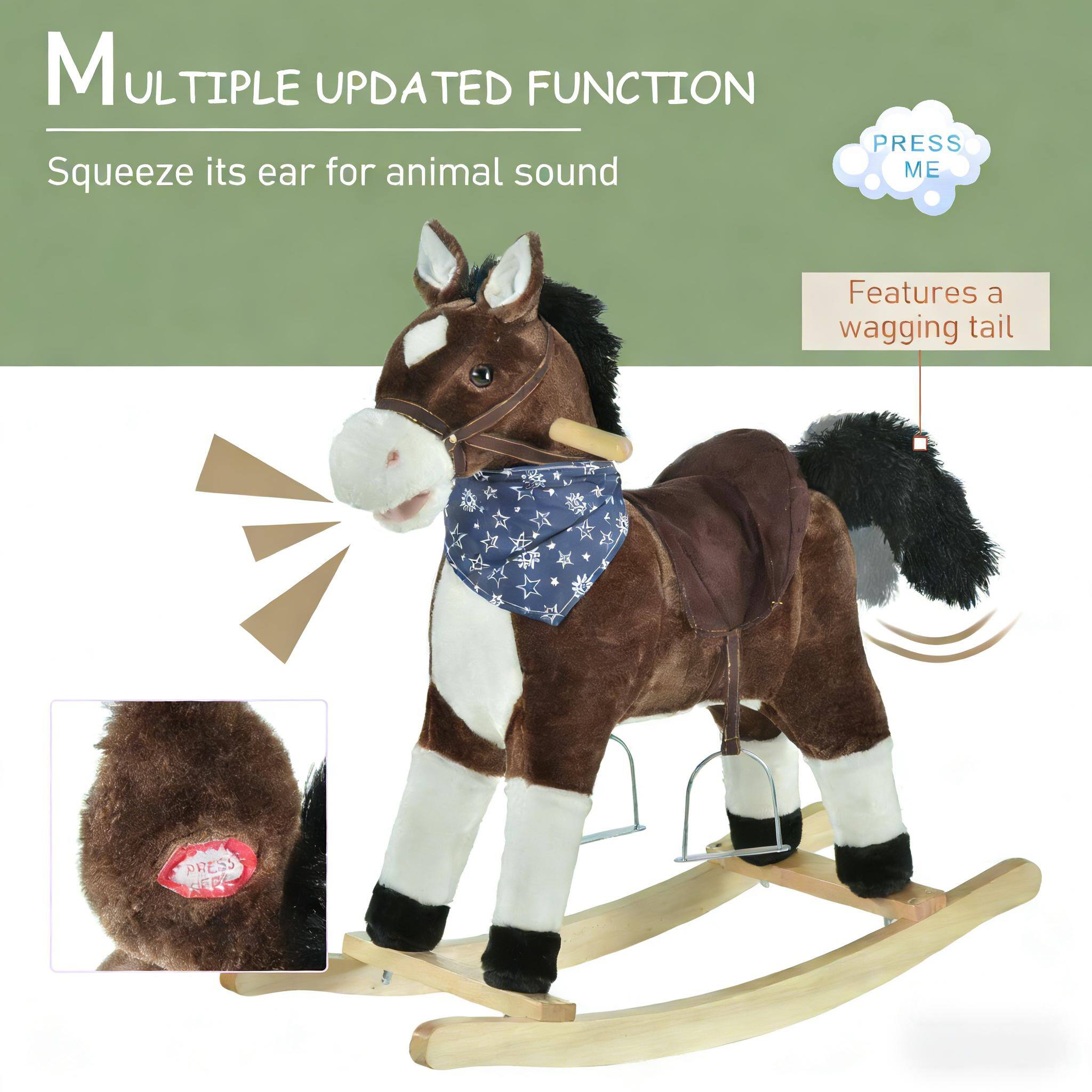 MULTIPLE UPDATED FUNCTION  
Squeeze its ear for animal sound  
PRESS ME  
Features a wagging tail
