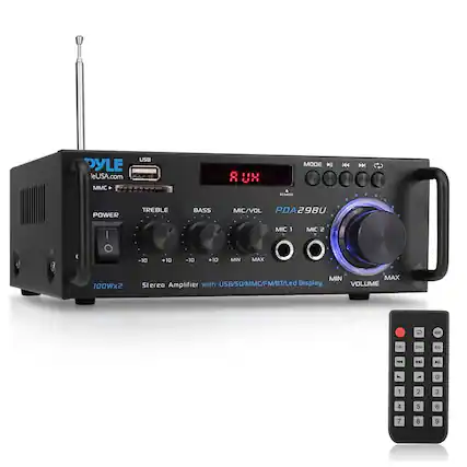 PYLE
leUSA.com
MMC USB 8 UK MODE I MARITE H4 M POWER TREBLE BASS MIC/VOL PDA29BU I MIC I MIC 2 -10 +10 -10 +10 MIN MAX 100Wx2 MIN MAX Stereo Amplifier with USB/SD/MMC/FM/BT/Led Display VOLUME U - C- CH EO hd I MI - 0 1 2 3 4 5 6 7 8 9
PYLE
leUSA.com
PDA29BU
Stereo Amplifier with USB/SD/MMC/FM/BT/Led Display
100Wx2
USB
MMC
POWER
TREBLE
BASS
MIC/VOL
MIC 1
MIC 2
-10
+10
-10
+10
MIN
MAX
VOLUME
MIN
MAX
REMOTE
MODE
CH-
CH+
EQ
0
1
2
3
4
5
6
7
8
9