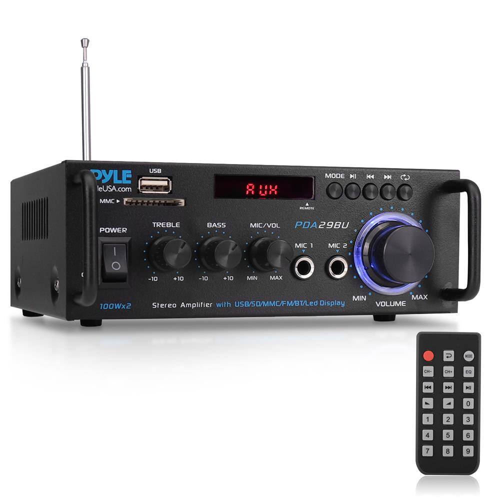 PYLE  
leUSA.com  
MMC USB 8 UK MODE I MARITE H4 M POWER TREBLE BASS MIC/VOL PDA29BU I MIC I MIC 2 -10 +10 -10 +10 MIN MAX 100Wx2 MIN MAX Stereo Amplifier with USB/SD/MMC/FM/BT/Led Display VOLUME U - C- CH EO hd I MI - 0 1 2 3 4 5 6 7 8 9  

PYLE  
leUSA.com  
PDA29BU  
Stereo Amplifier with USB/SD/MMC/FM/BT/Led Display  
100Wx2  

USB  
MMC  
POWER  
TREBLE  
BASS  
MIC/VOL  
MIC 1  
MIC 2  
-10  
+10  
-10  
+10  
MIN  
MAX  
VOLUME  
MIN  
MAX  

REMOTE  
MODE  
CH-  
CH+  
EQ  
0  
1  
2  
3  
4  
5  
6  
7  
8  
9