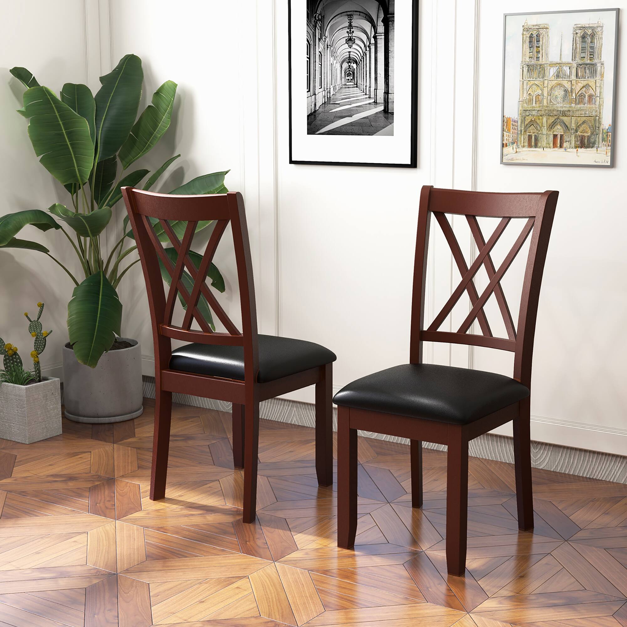 Alt View 4. Gymax - Gymax Set of 4 Dining Chair Kitchen Chair with Backrest Padded Seat & Rubber Wood Legs - Brown, Black.