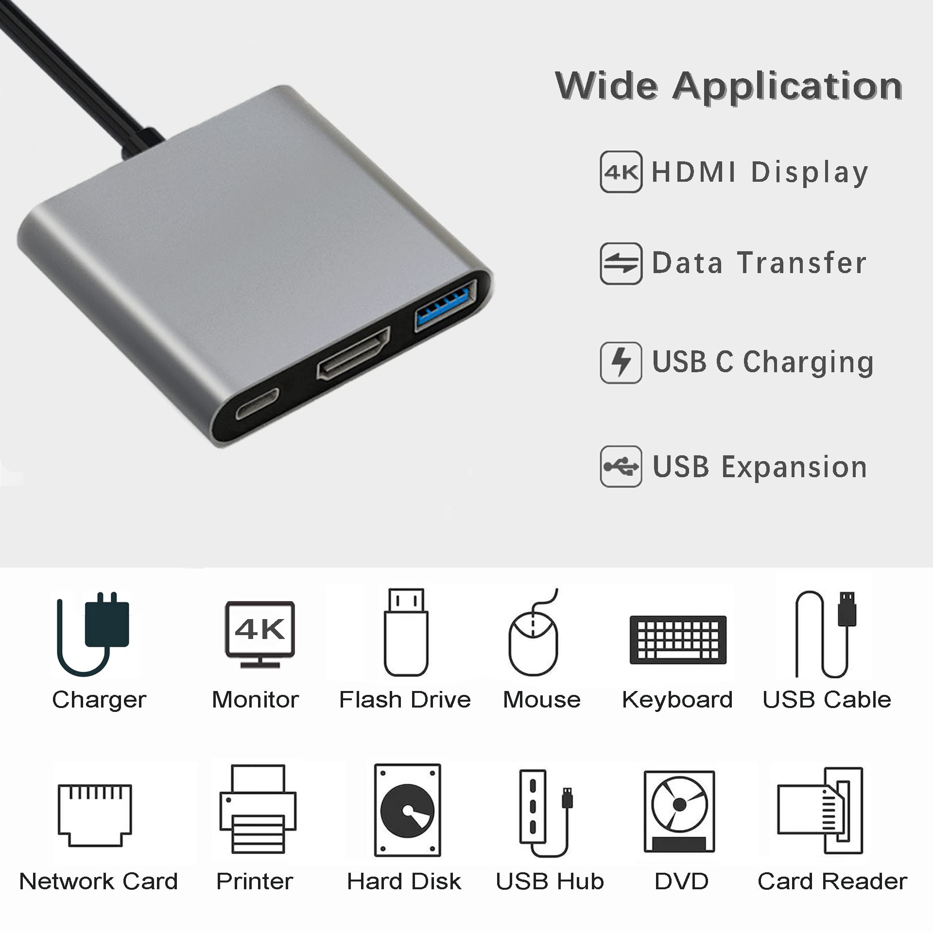 Wide Application  
4K HDMI Display  
Data Transfer  
USB C Charging  
USB Expansion  

Charger  
Monitor  
Flash Drive  
Mouse  
Keyboard  
USB Cable  
Network Card  
Printer  
Hard Disk  
USB Hub  
DVD  
Card Reader