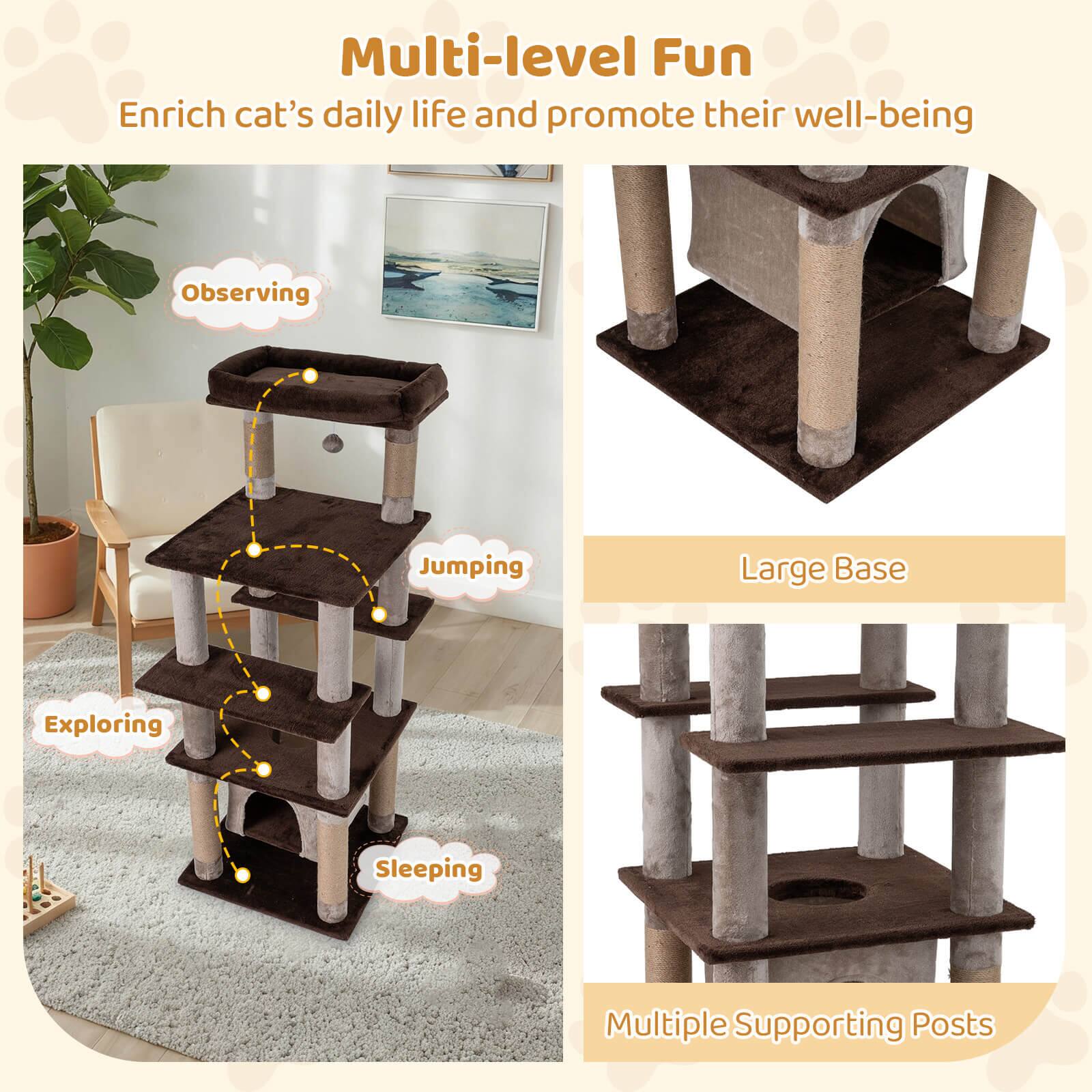 Multi-level Fun  
Enrich cat's daily life and promote their well-being  

- Observing  
- Jumping  
- Exploring  
- Sleeping  

Large Base  
Multiple Supporting Posts