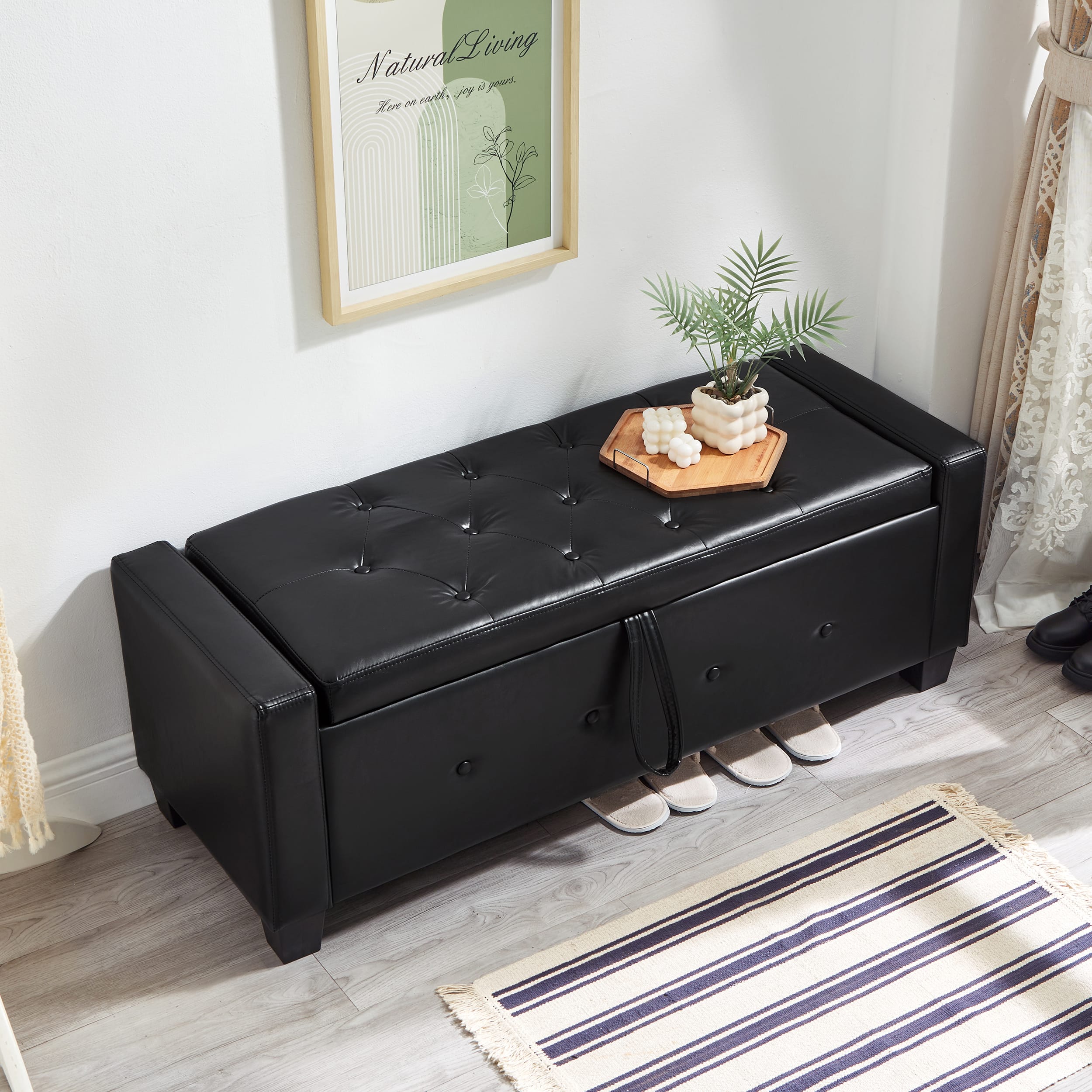 GOODSILO - 48 Inch Upholstered Storage Ottoman Bench with Tufted Faux Leather Design for Living Room and Bedroom - Black